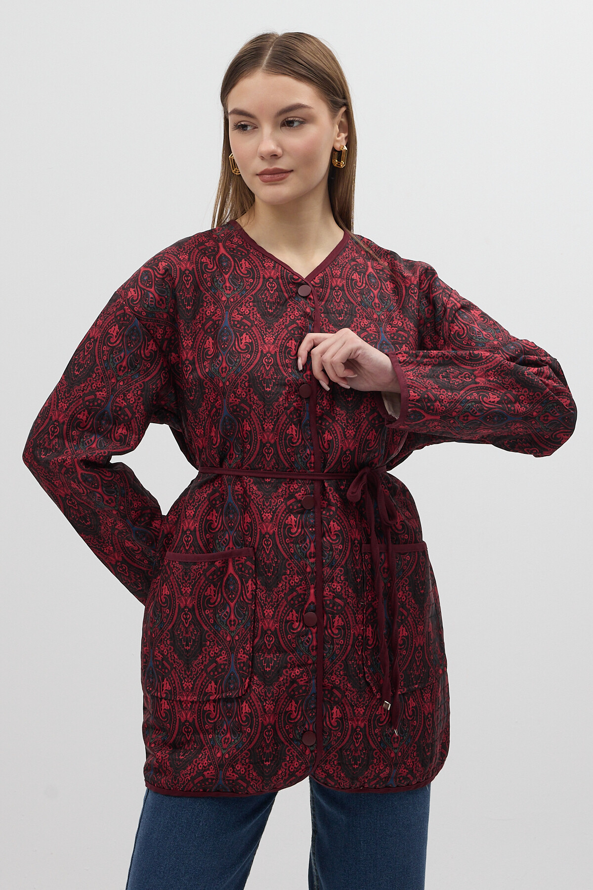 Bordo Etnik Desenli Kapitone Bel Bağlamalı Kadın Ceket 3496 - 1