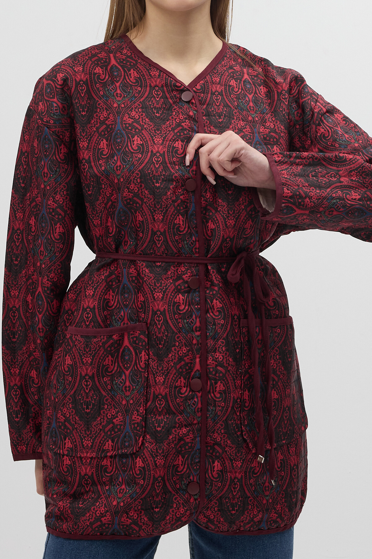 Bordo Etnik Desenli Kapitone Bel Bağlamalı Kadın Ceket 3496 - RAYS
