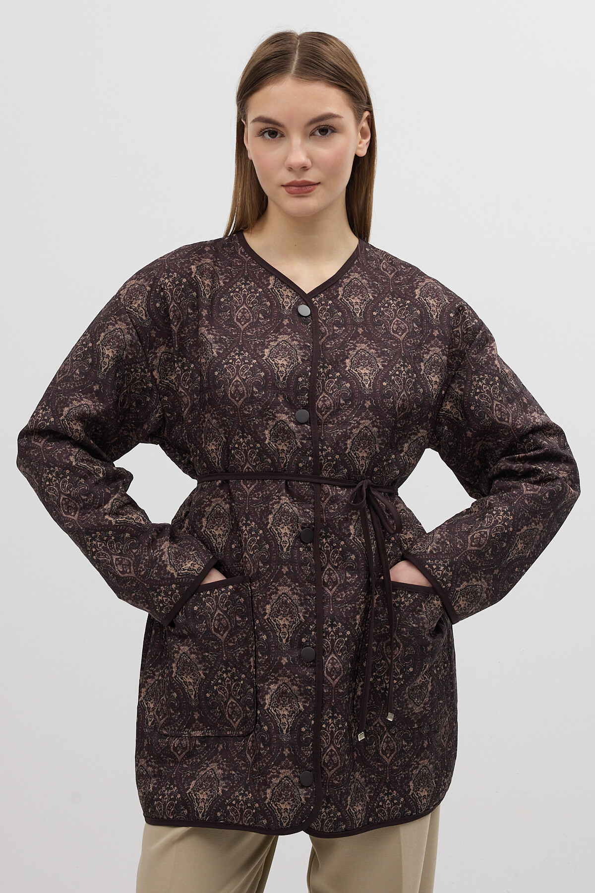 Kahverengi Etnik Desenli Kapitone Bel Bağlamalı Kadın Ceket 3496 - 5