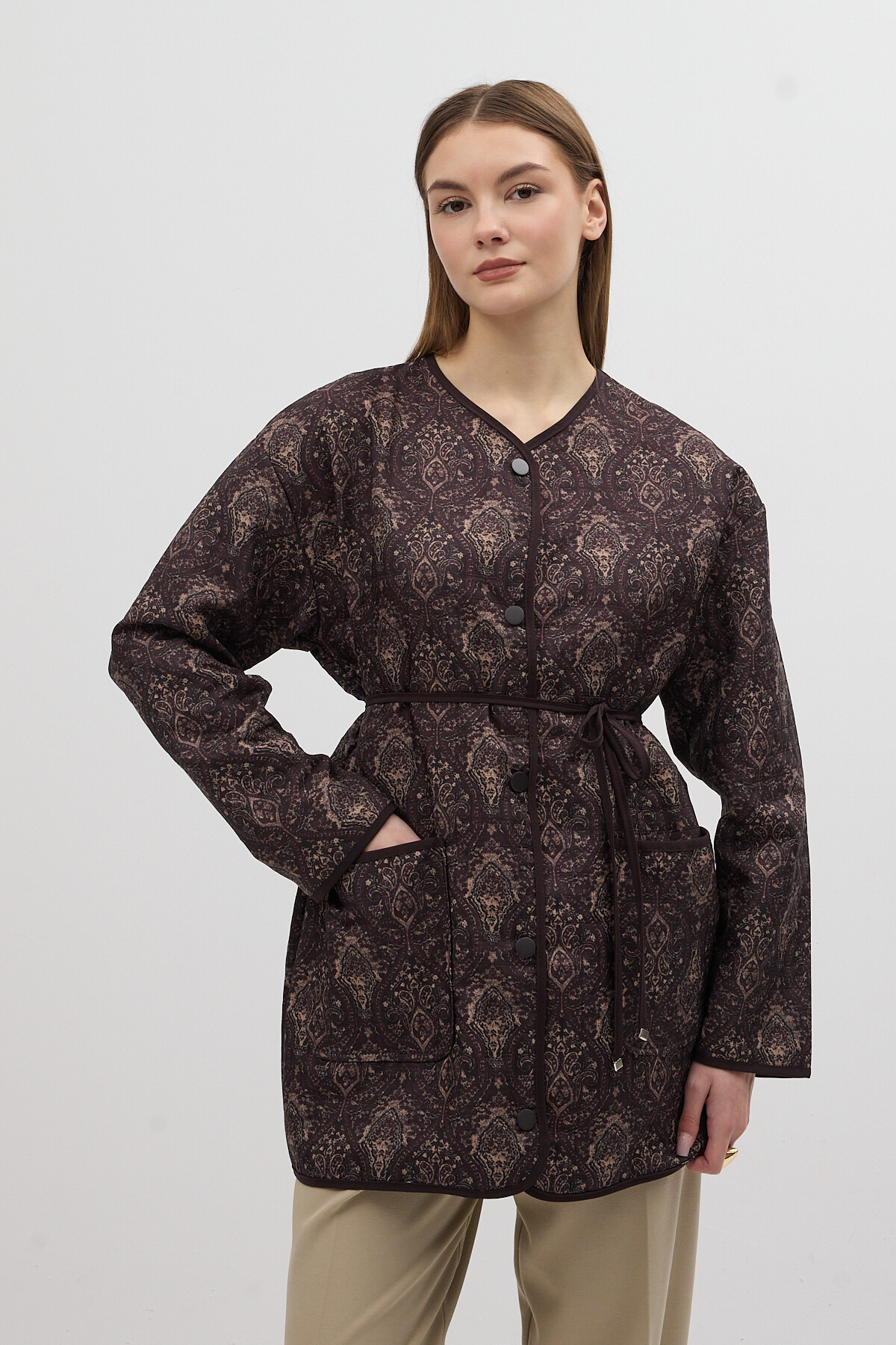 Kahverengi Etnik Desenli Kapitone Bel Bağlamalı Kadın Ceket 3496 - RAYS