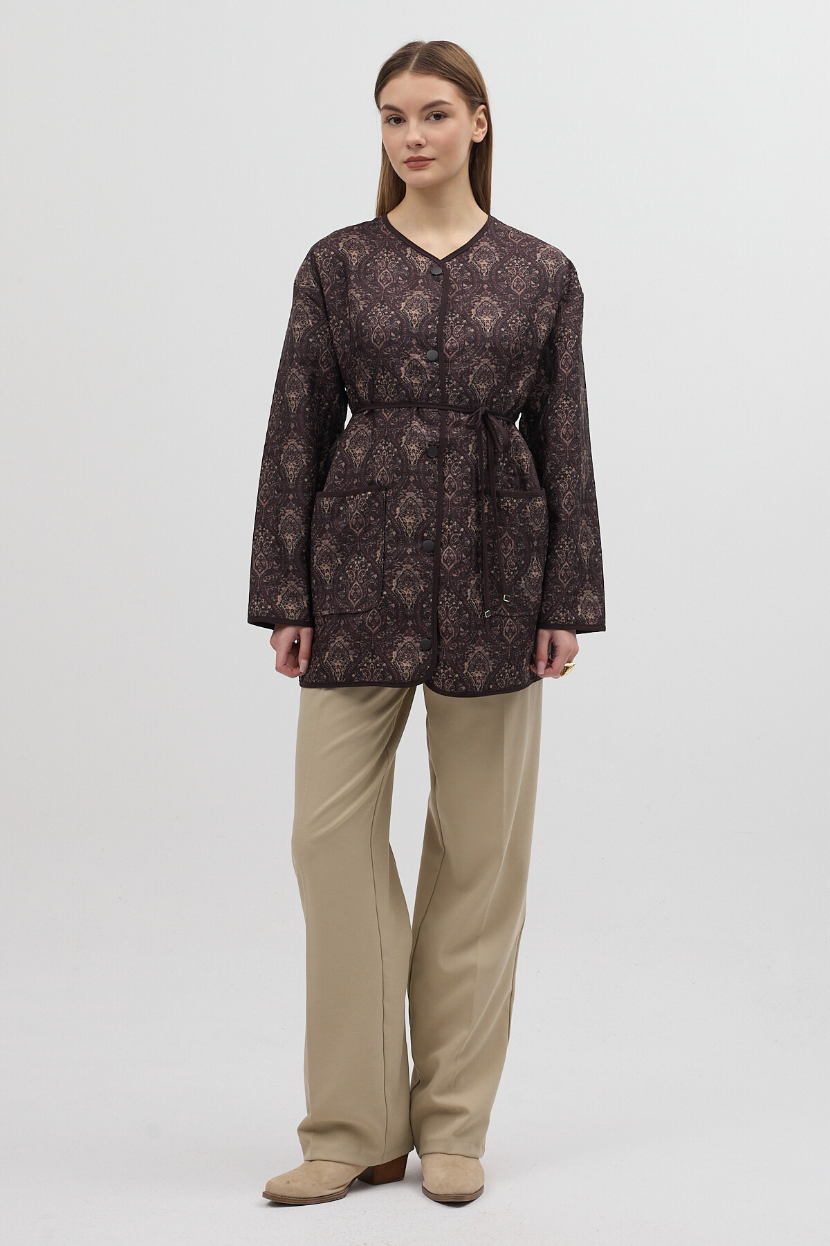 Kahverengi Etnik Desenli Kapitone Bel Bağlamalı Kadın Ceket 3496 - 6