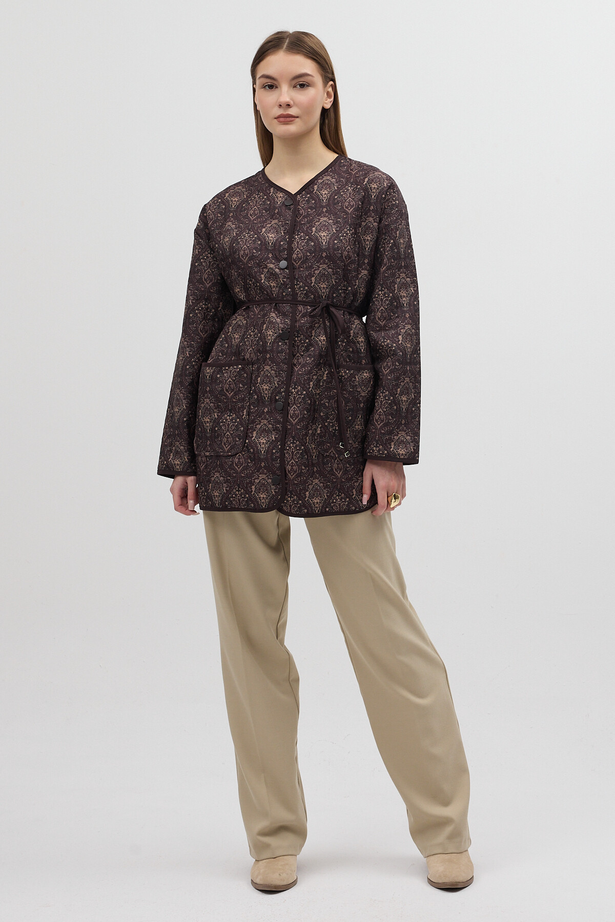 Kahverengi Etnik Desenli Kapitone Bel Bağlamalı Kadın Ceket 3496 - 3