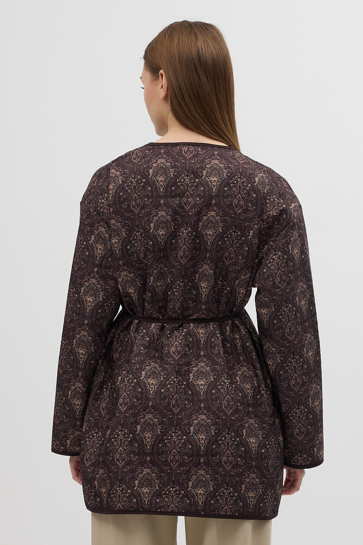 Kahverengi Etnik Desenli Kapitone Bel Bağlamalı Kadın Ceket 3496 - 4