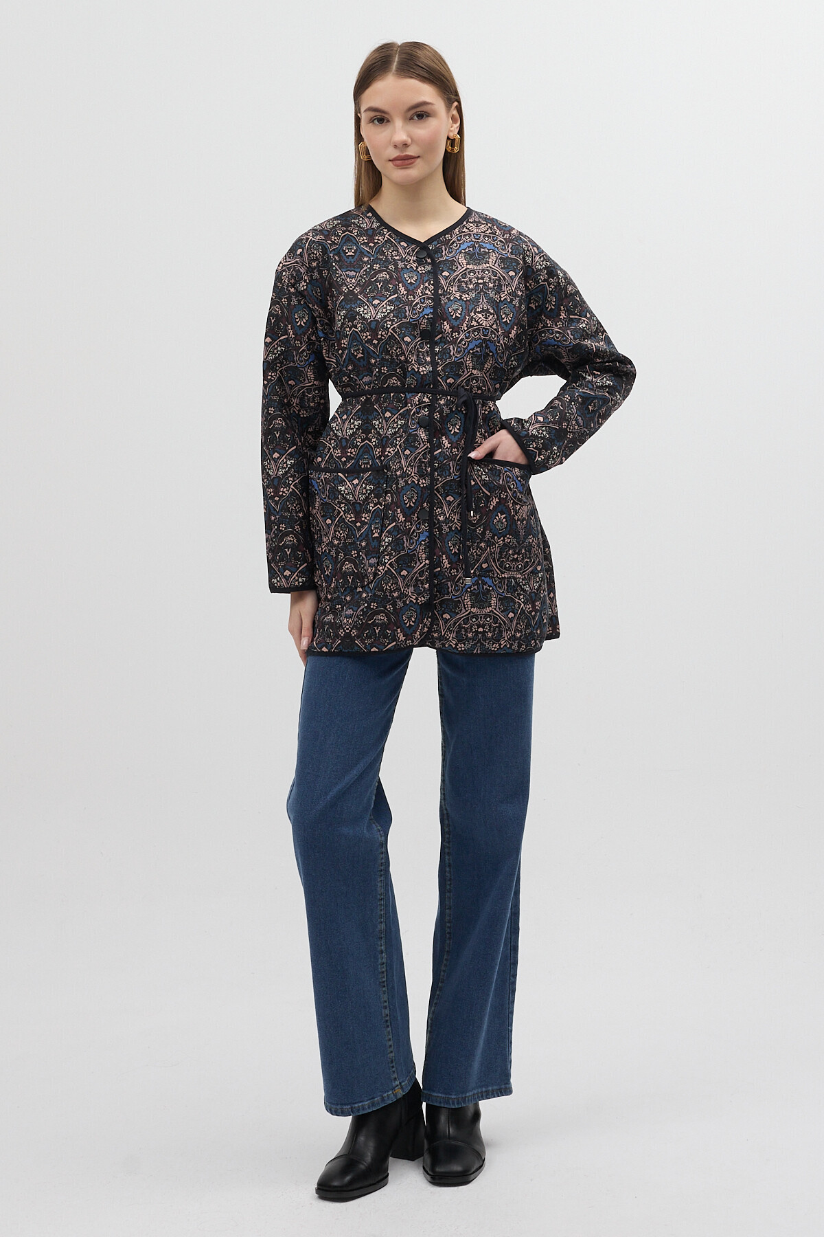 Lacivert Etnik Desenli Kapitone Bel Bağlamalı Kadın Ceket 3496 - RAYS