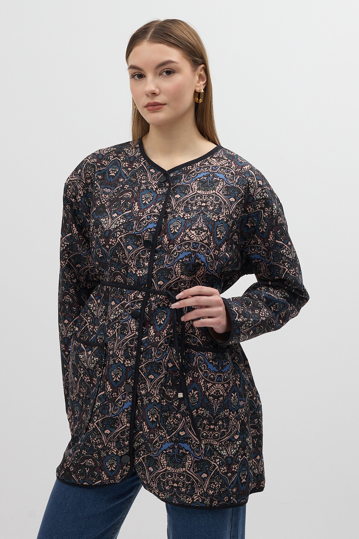 Lacivert Etnik Desenli Kapitone Bel Bağlamalı Kadın Ceket 3496 - RAYS (1)