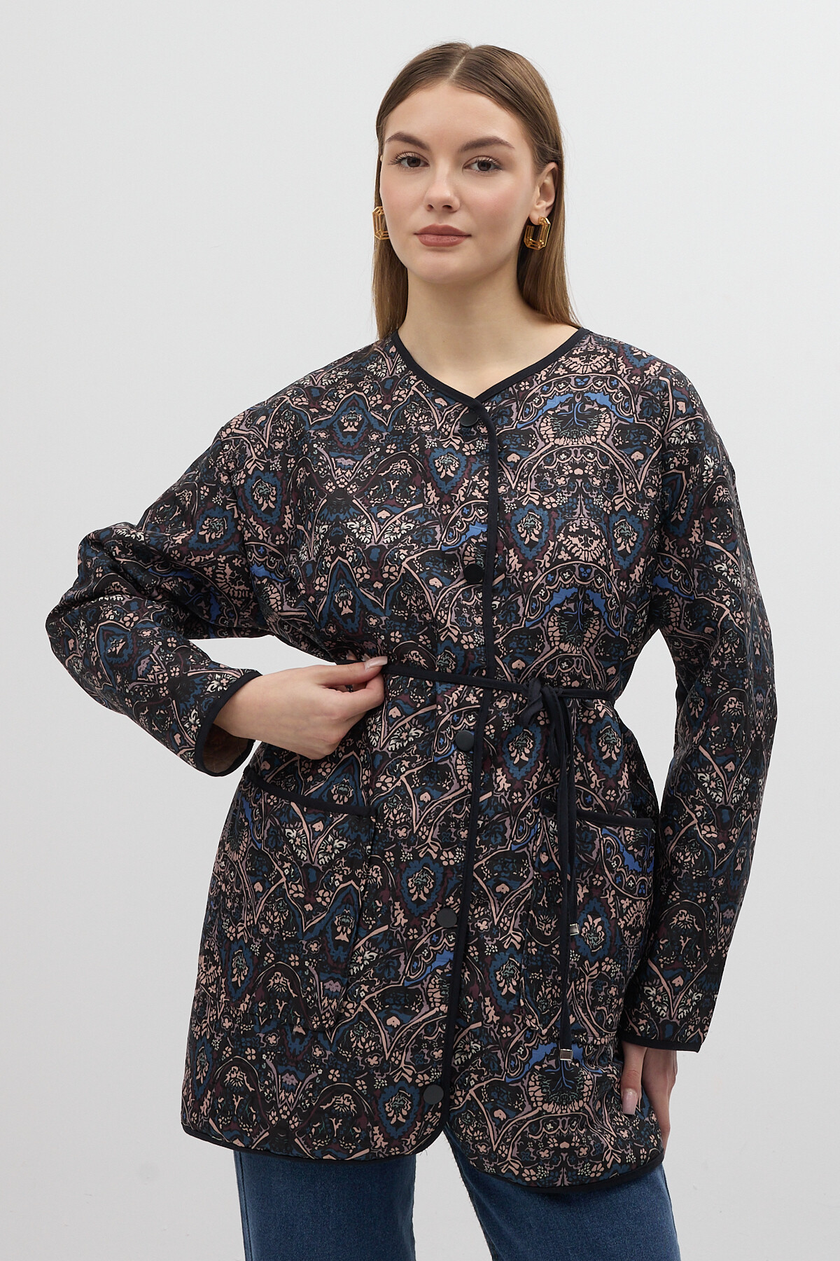 Lacivert Etnik Desenli Kapitone Bel Bağlamalı Kadın Ceket 3496 