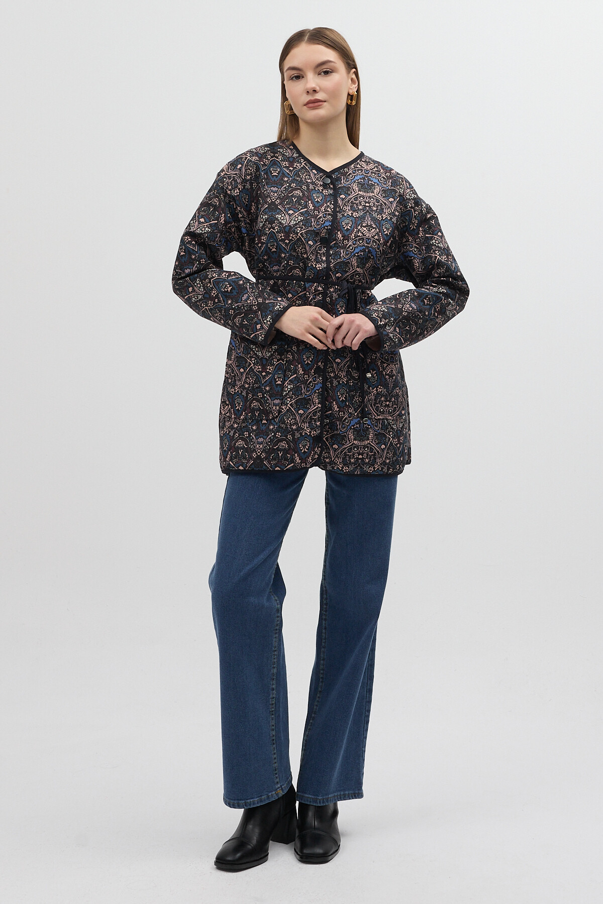 Lacivert Etnik Desenli Kapitone Bel Bağlamalı Kadın Ceket 3496 - 6