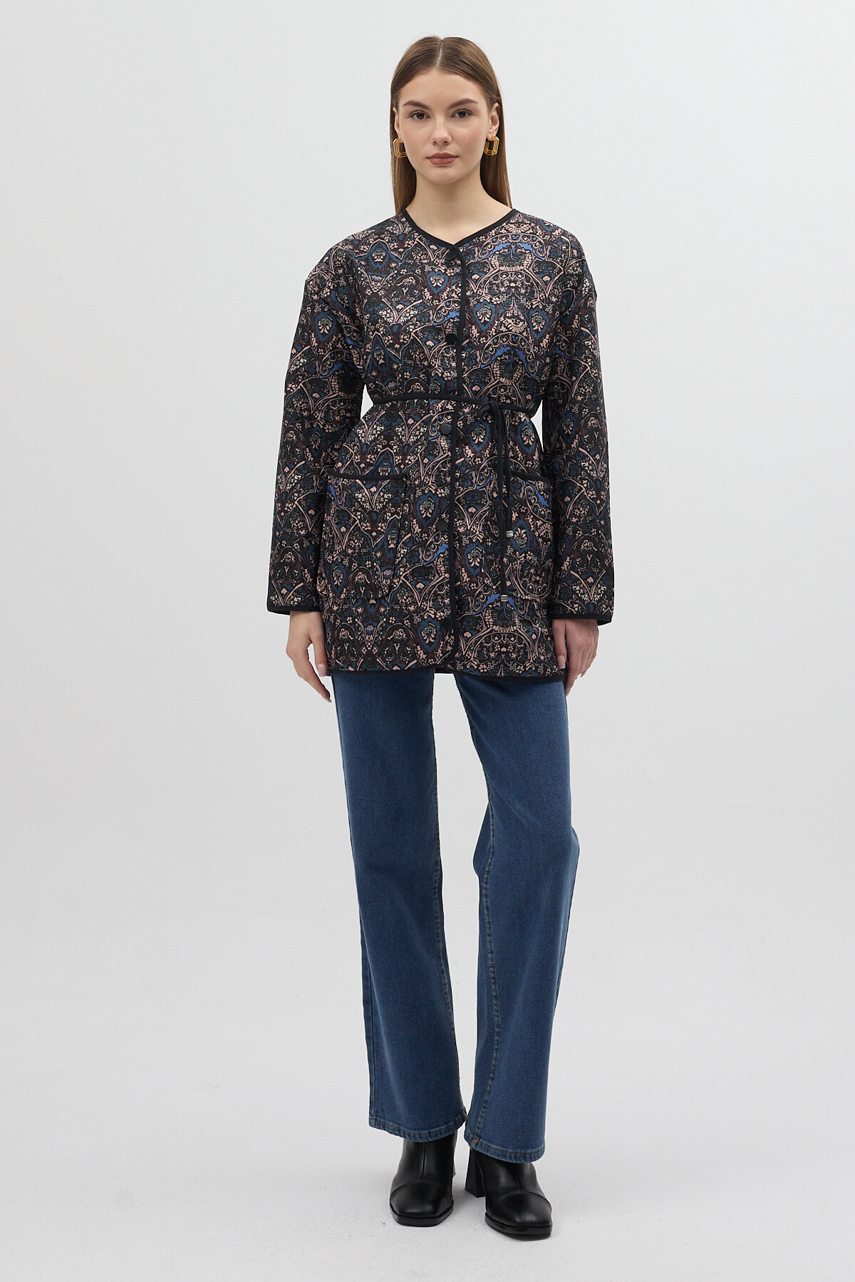 Lacivert Etnik Desenli Kapitone Bel Bağlamalı Kadın Ceket 3496 - 7
