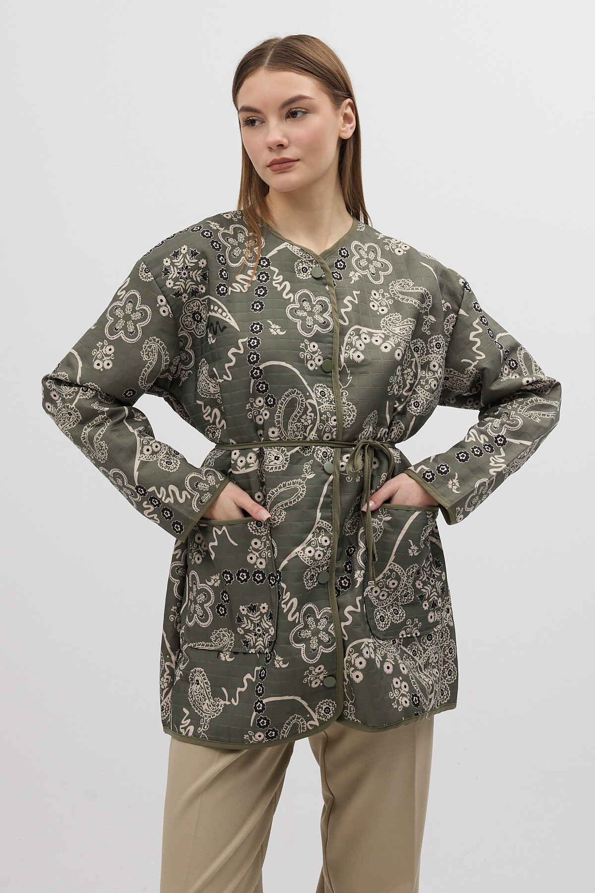 Yeşil Etnik Desenli Kapitone Bel Bağlamalı Kadın Ceket 3496 - RAYS