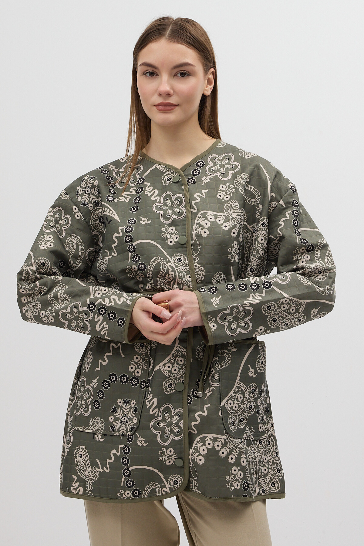 Yeşil Etnik Desenli Kapitone Bel Bağlamalı Kadın Ceket 3496 - 5