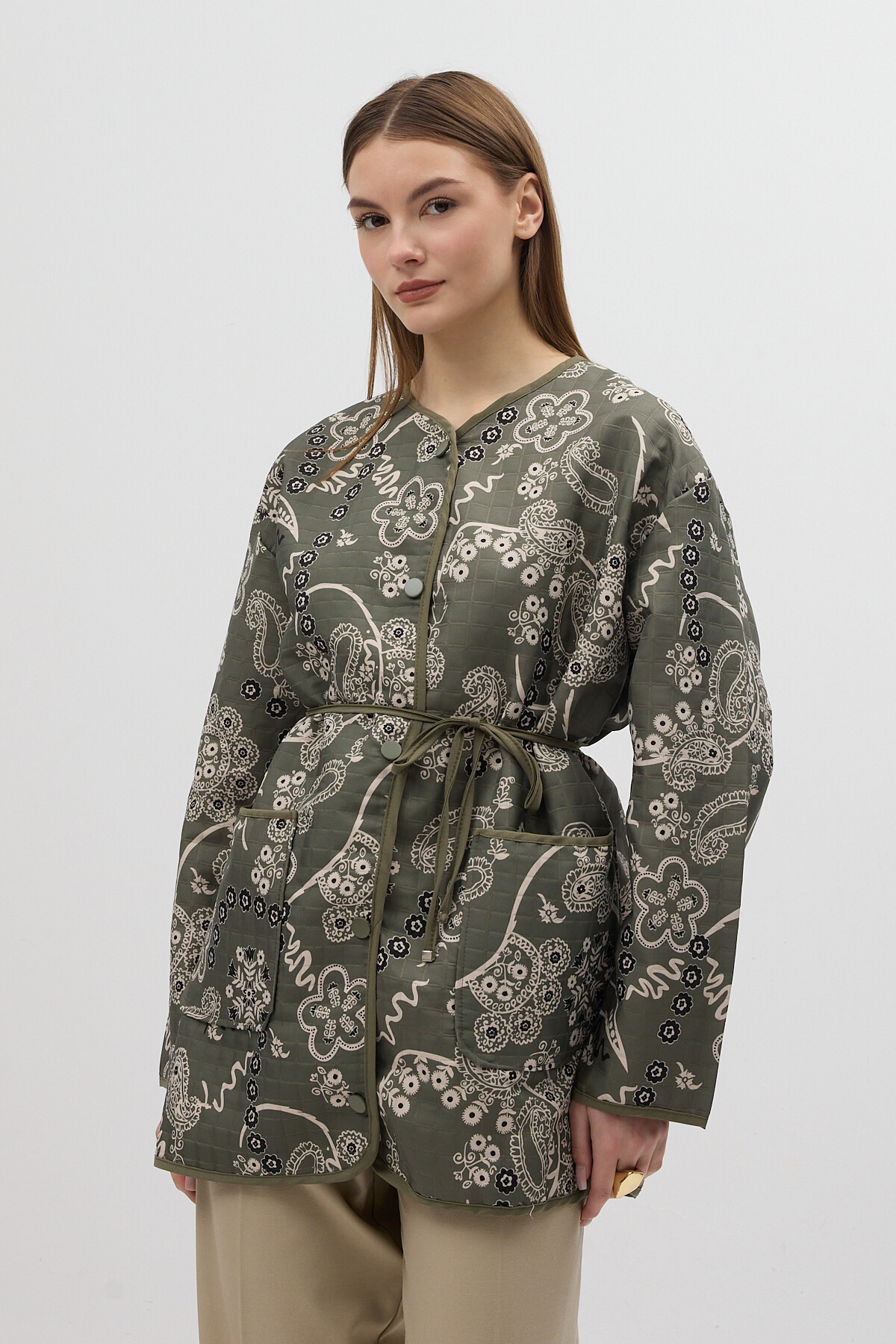 Yeşil Etnik Desenli Kapitone Bel Bağlamalı Kadın Ceket 3496 - RAYS