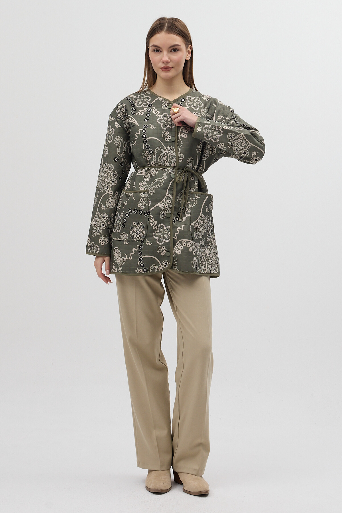 Yeşil Etnik Desenli Kapitone Bel Bağlamalı Kadın Ceket 3496 - RAYS