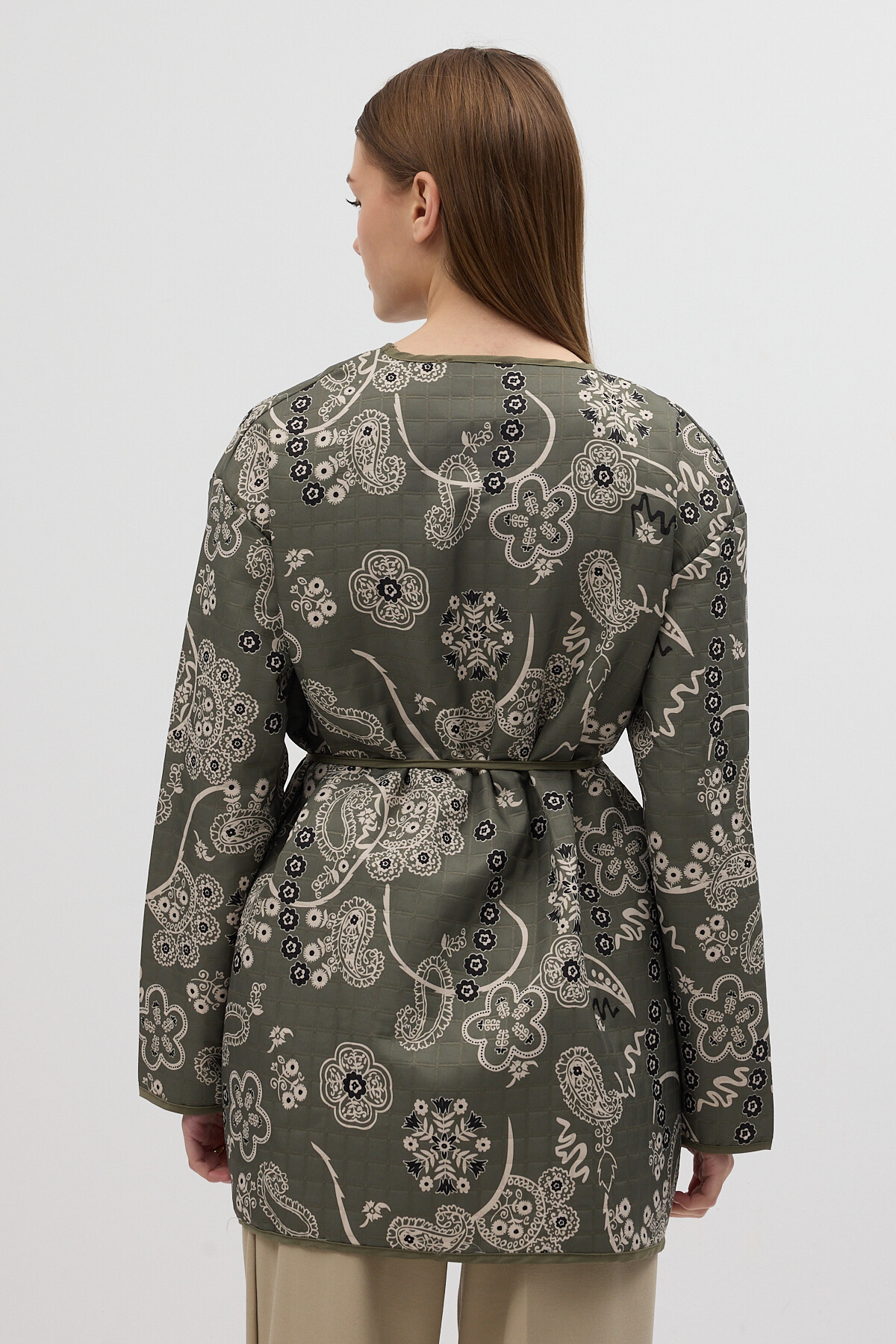 Yeşil Etnik Desenli Kapitone Bel Bağlamalı Kadın Ceket 3496 - 4