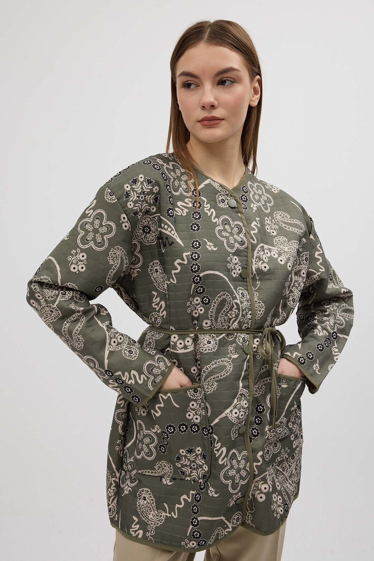 Yeşil Etnik Desenli Kapitone Bel Bağlamalı Kadın Ceket 3496 - 6