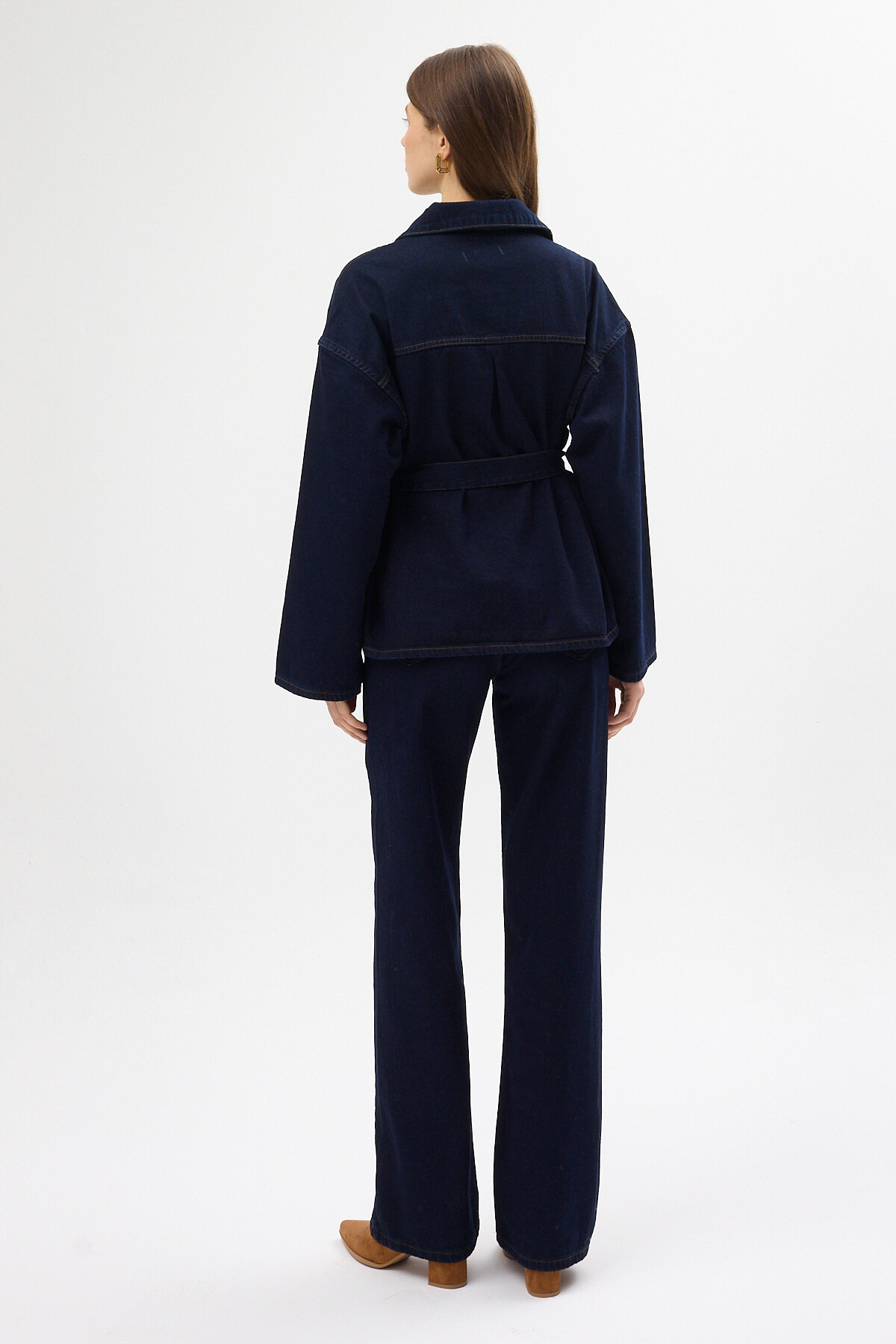 Lacivert Kuşaklı Jean Ceket ve Geniş Paça Pantolon Kadın Takım 3498 - 5