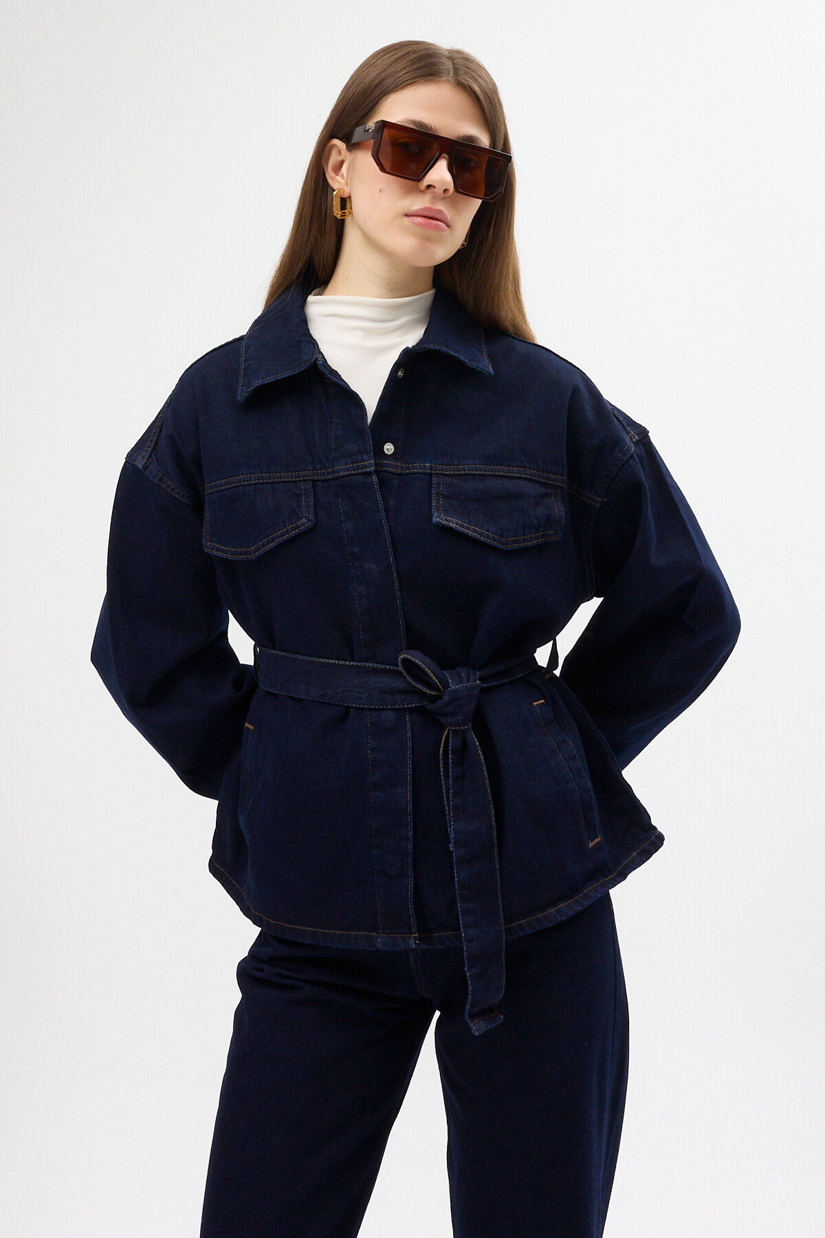 Lacivert Kuşaklı Jean Ceket ve Geniş Paça Pantolon Kadın Takım 3498 - 6