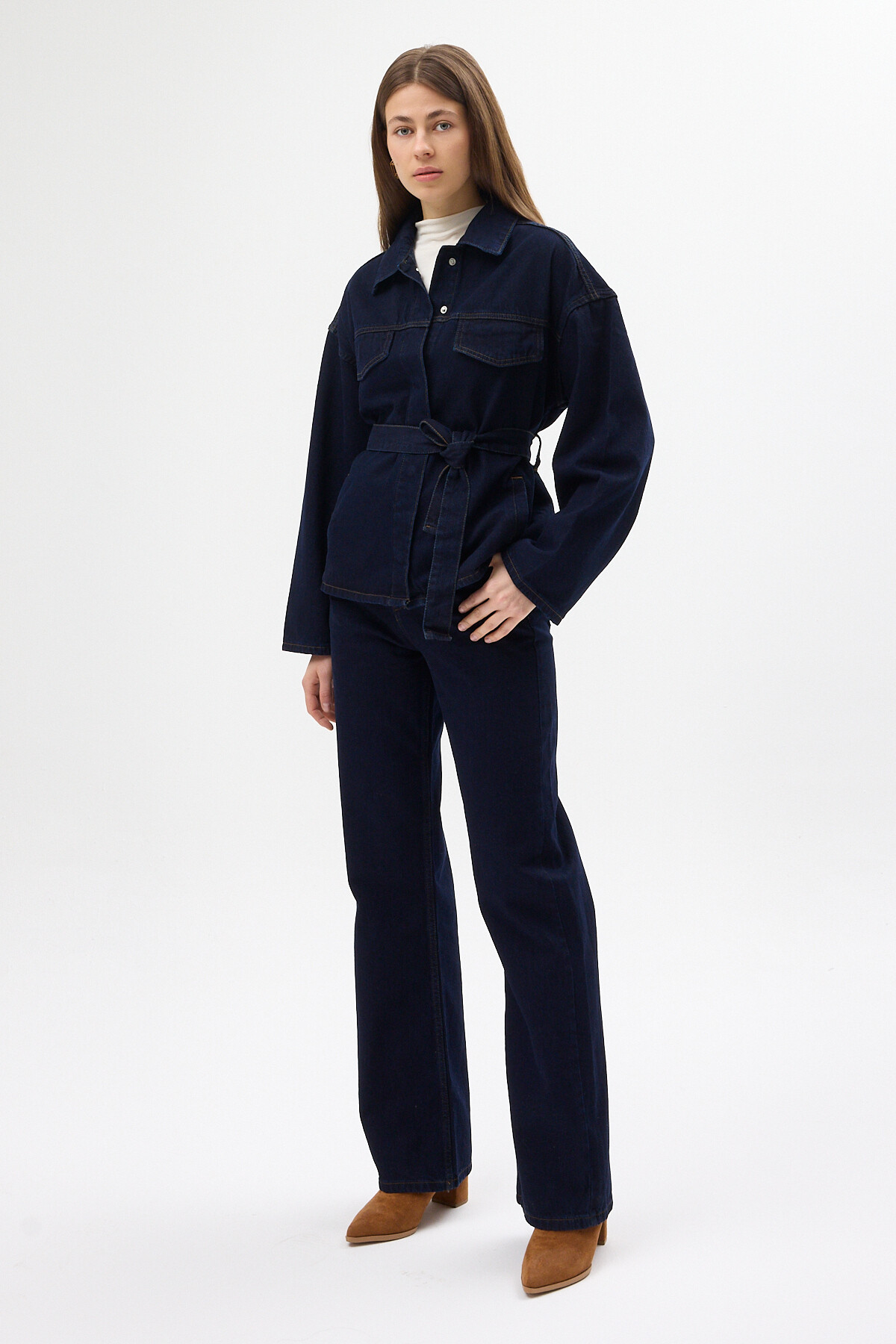 Lacivert Kuşaklı Jean Ceket ve Geniş Paça Pantolon Kadın Takım 3498 - 8