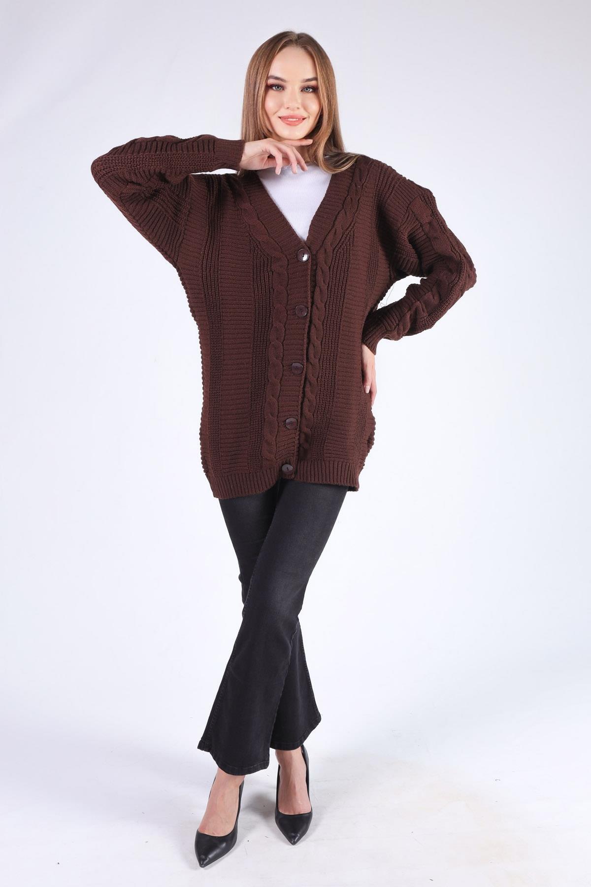 350 Düğme Detay Örgülü Hırka Acı Kahve - 2