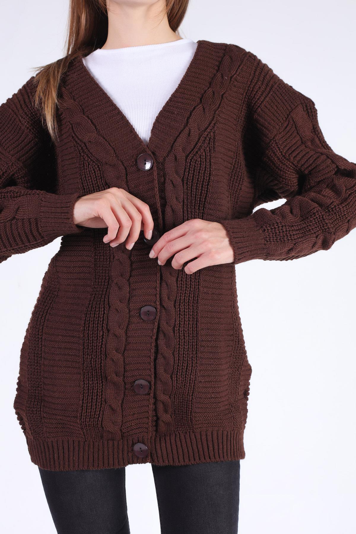 350 Düğme Detay Örgülü Hırka Acı Kahve - 5