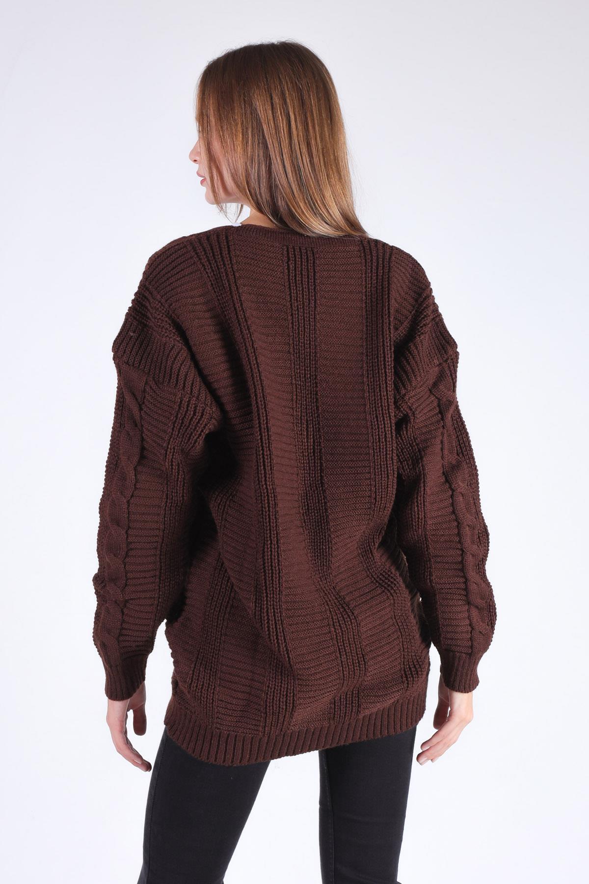 350 Düğme Detay Örgülü Hırka Acı Kahve - 6