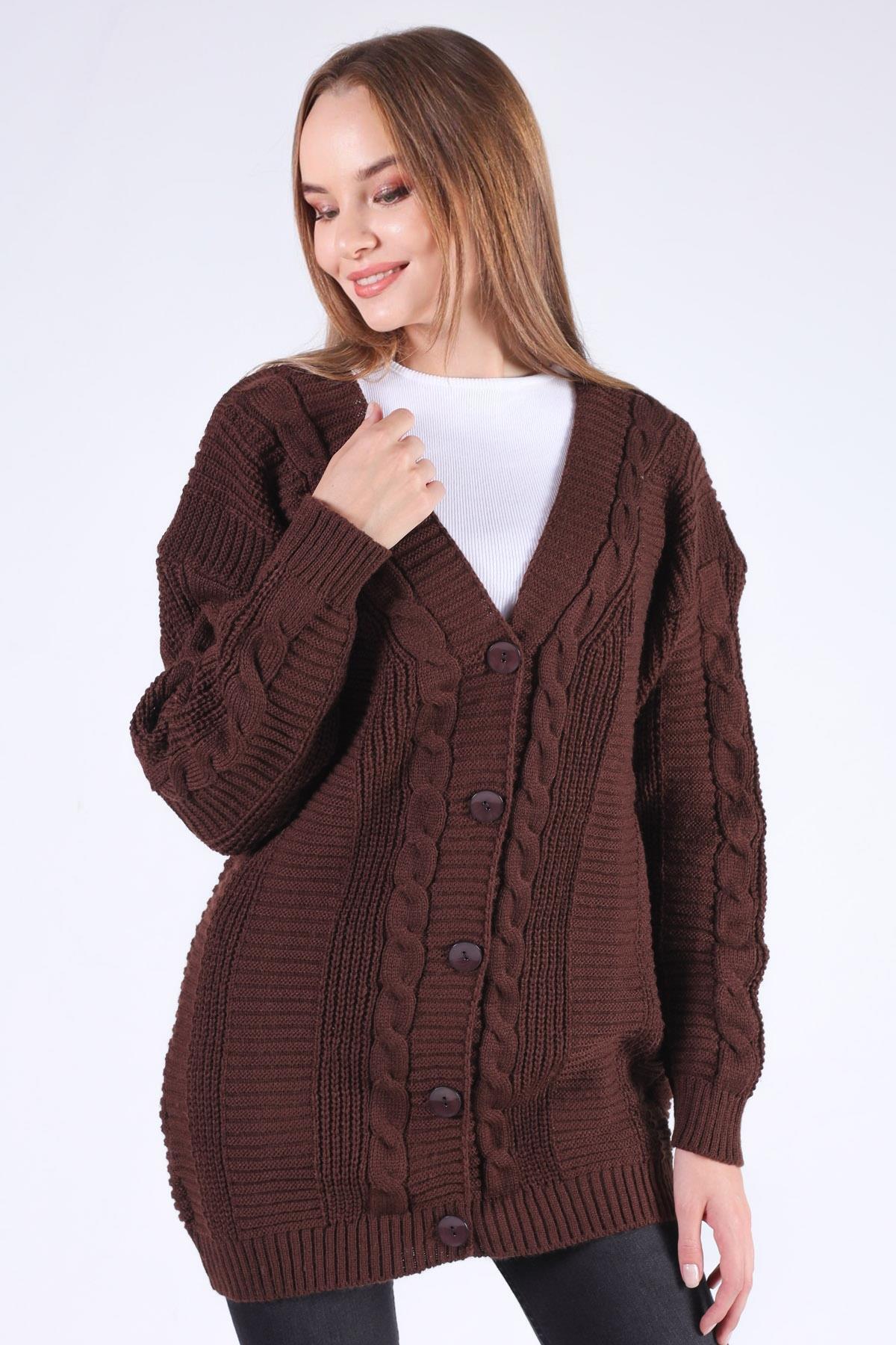 350 Düğme Detay Örgülü Hırka Acı Kahve - 4