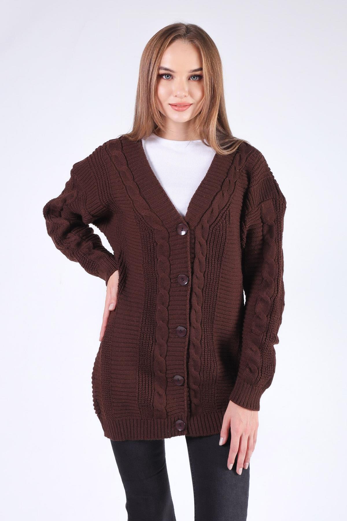 Acı Kahve Düğme Detay Örgülü Hırka 350 - 1