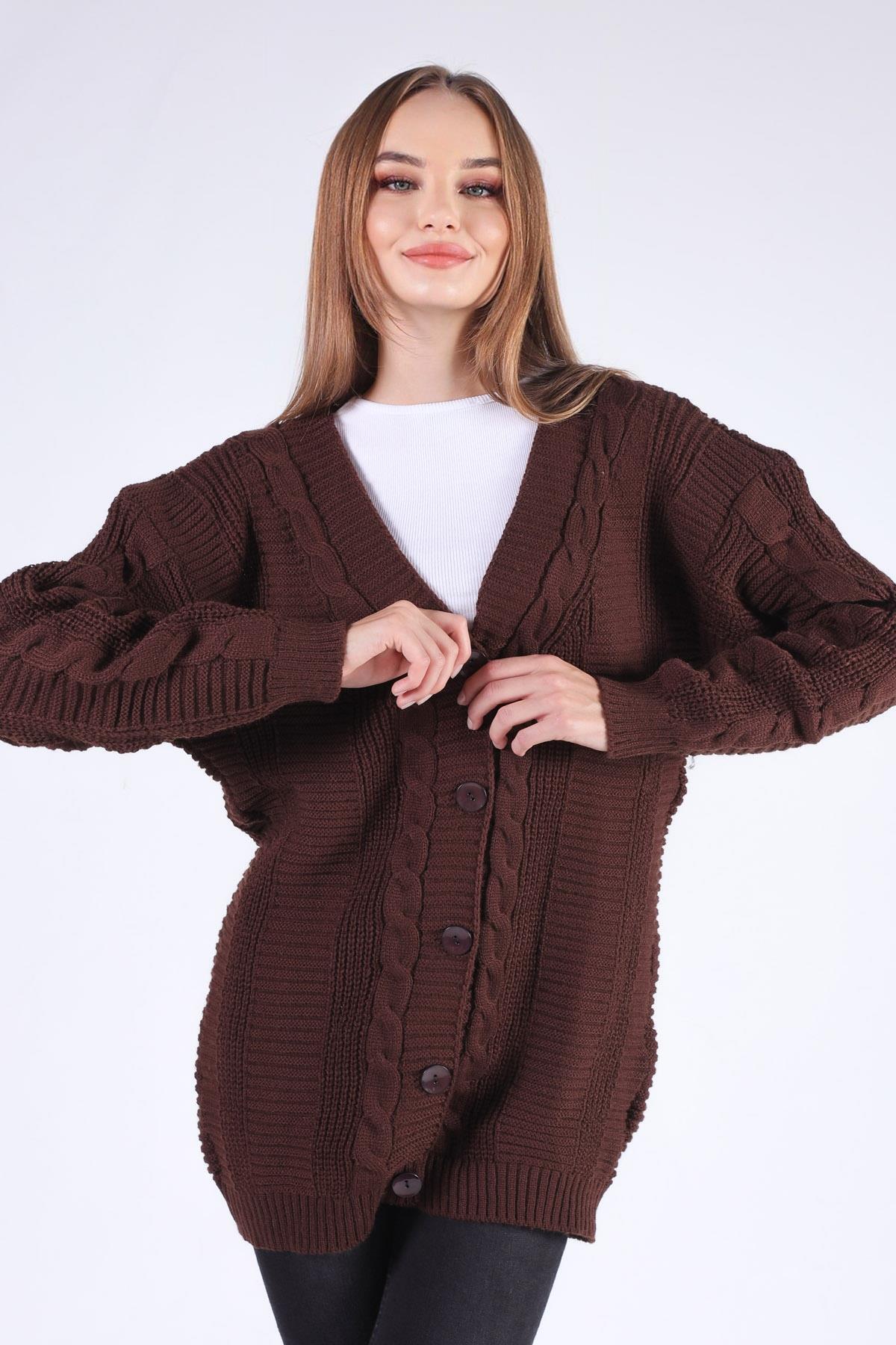 Acı Kahve Düğme Detay Örgülü Hırka 350 - 3