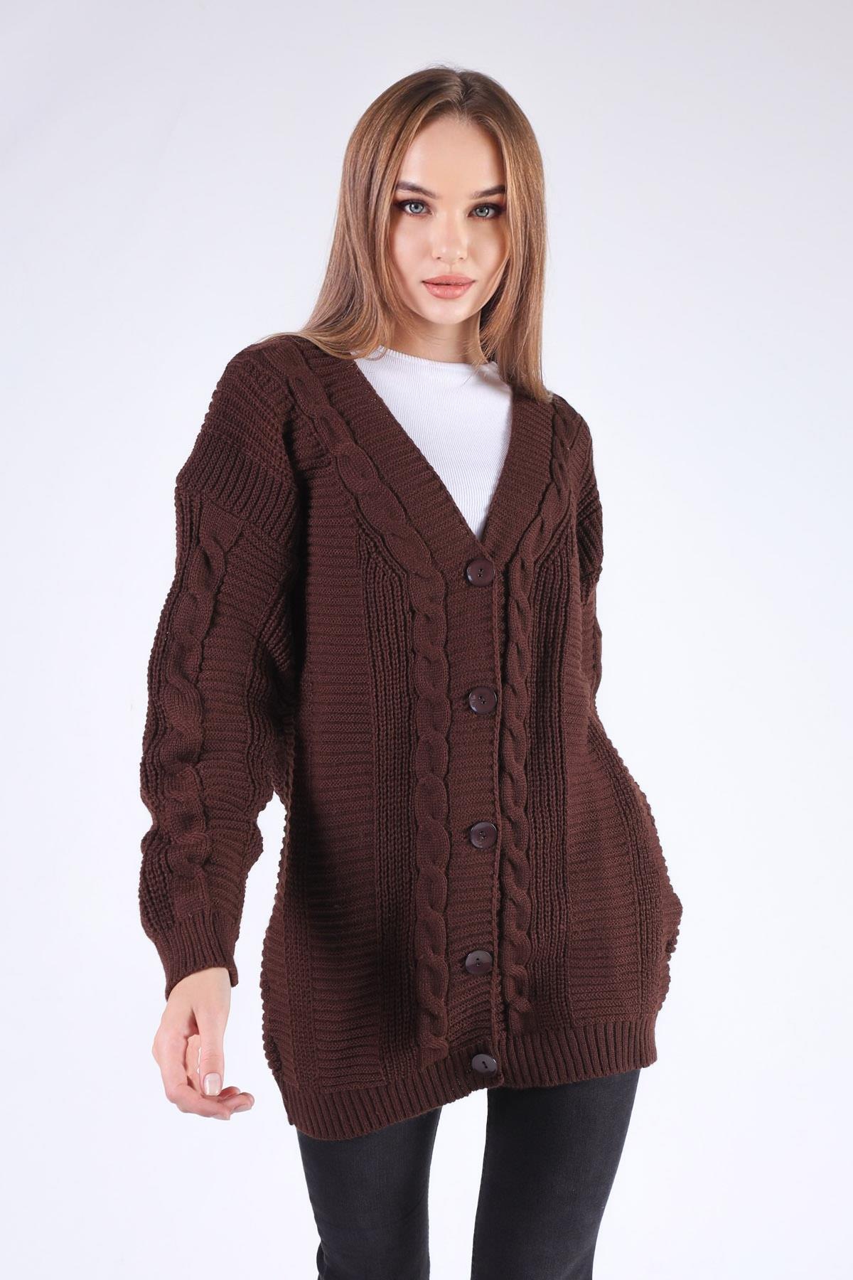 Acı Kahve Düğme Detay Örgülü Hırka 350 - 8