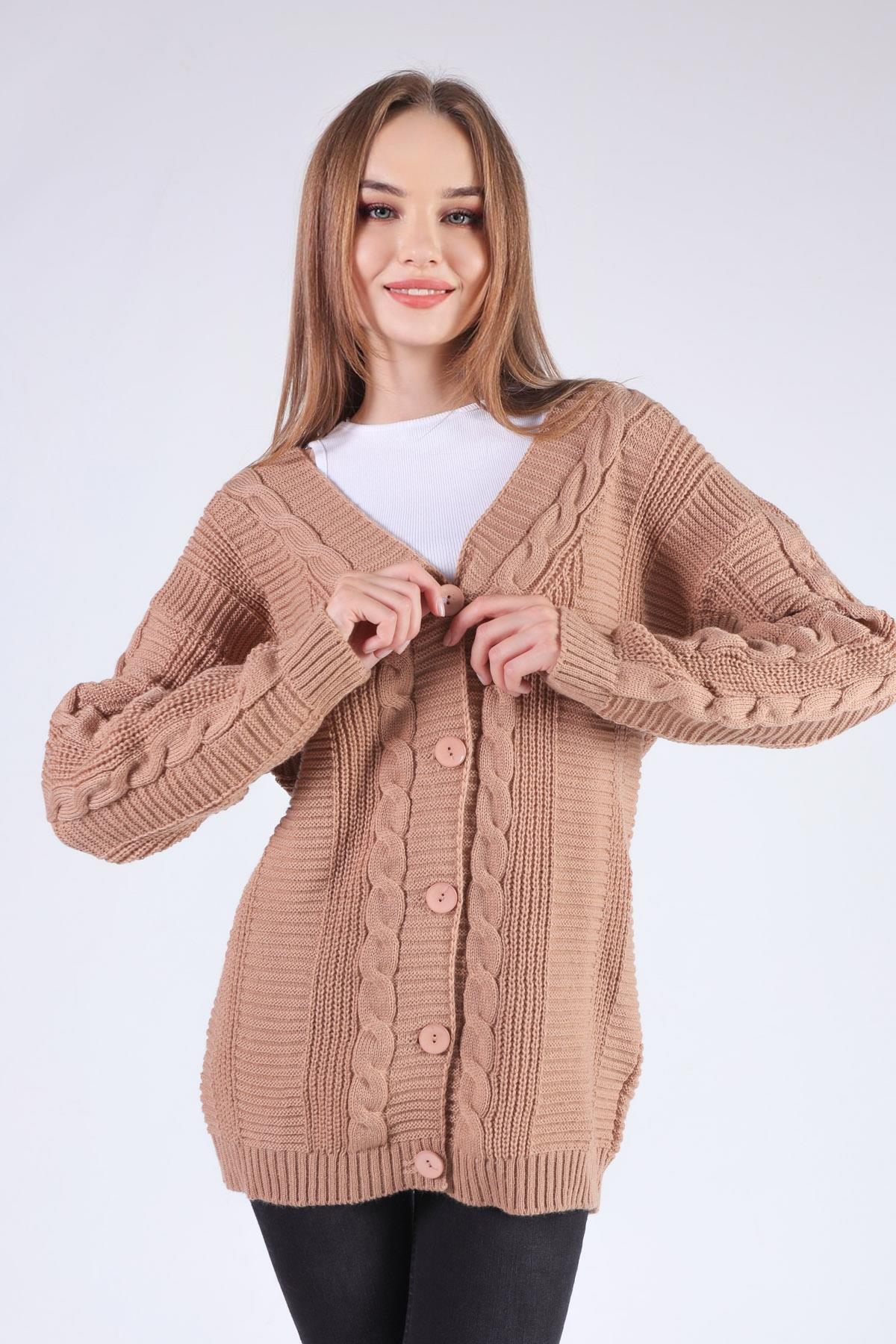 350 Düğme Detay Örgülü Hırka Camel 