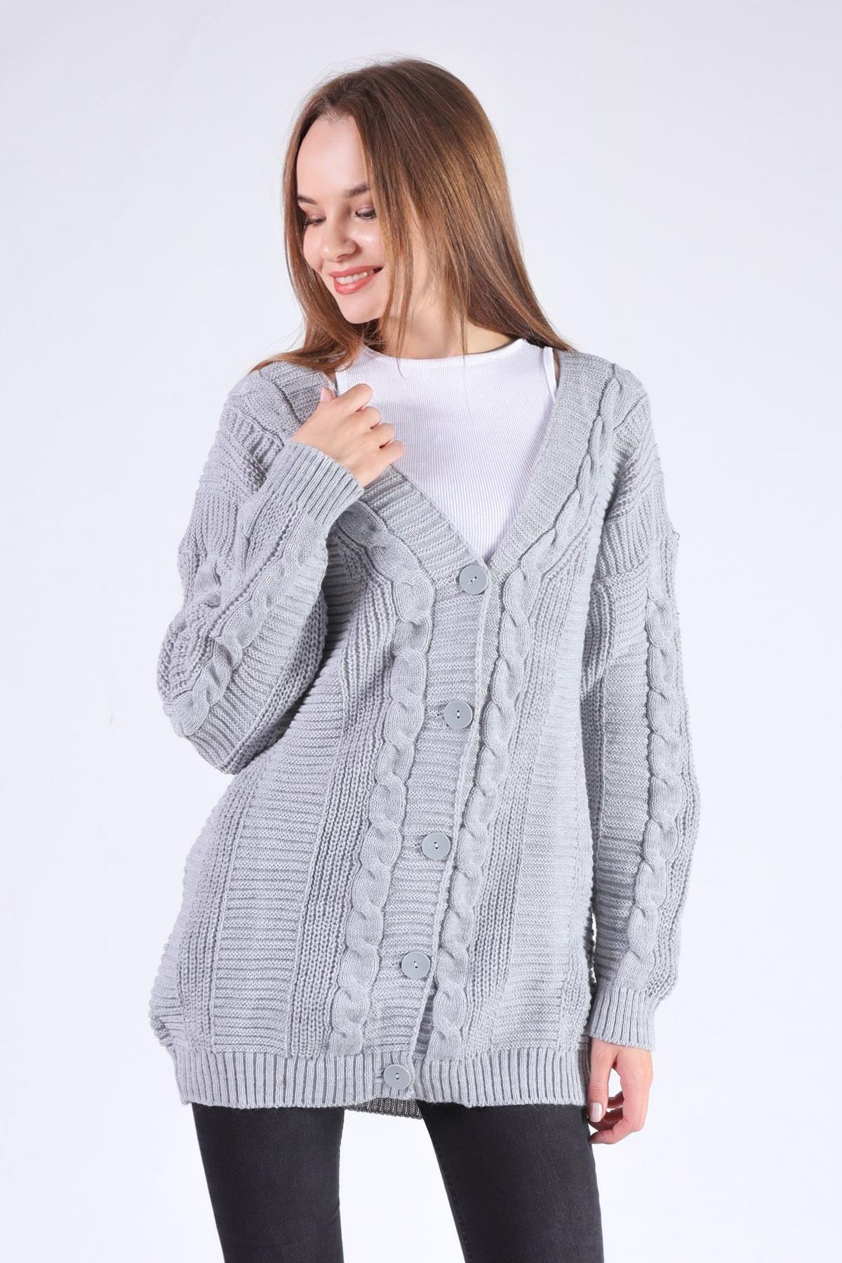 Gri Düğme Detay Örgülü Hırka 350 - 2