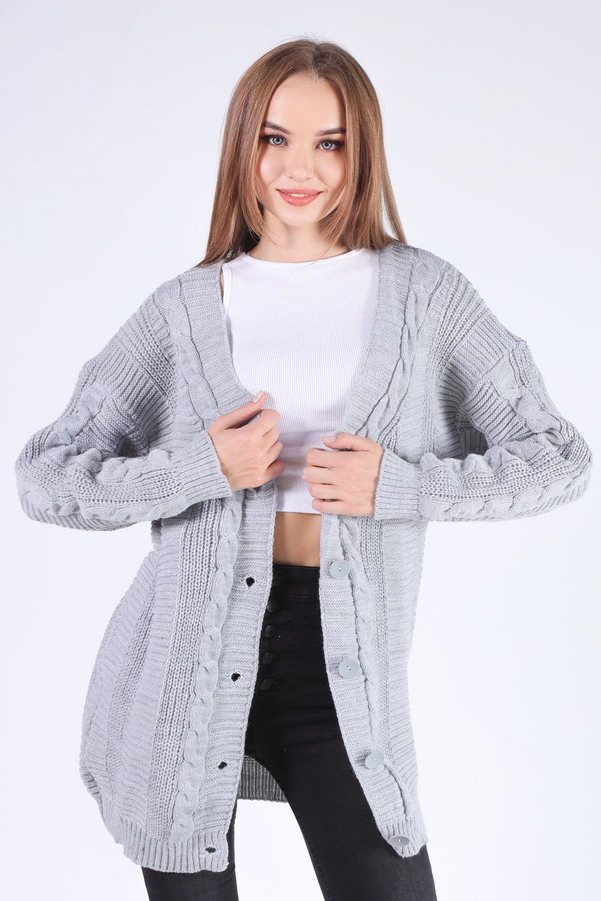 Gri Düğme Detay Örgülü Hırka 350 - 3