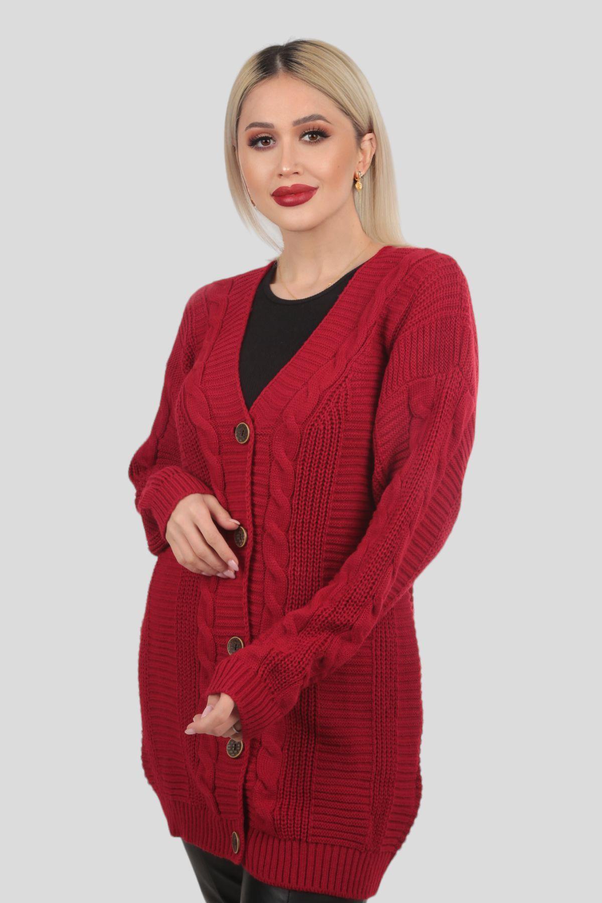 350 Düğme Detay Örgülü Hırka Kırmızı - 1