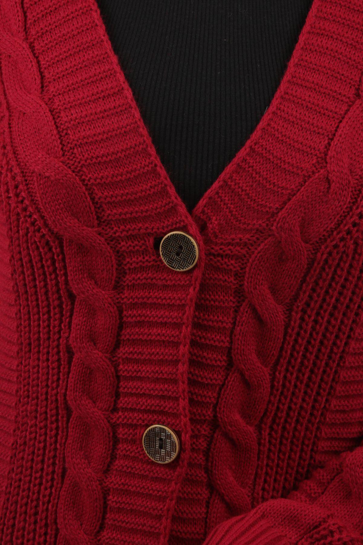 350 Düğme Detay Örgülü Hırka Kırmızı - 3