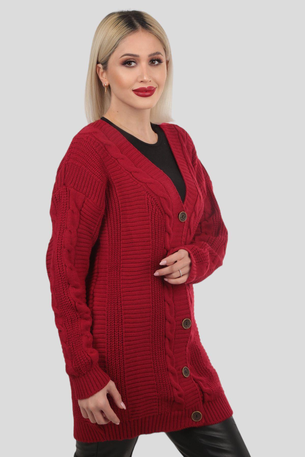 350 Düğme Detay Örgülü Hırka Kırmızı - 2