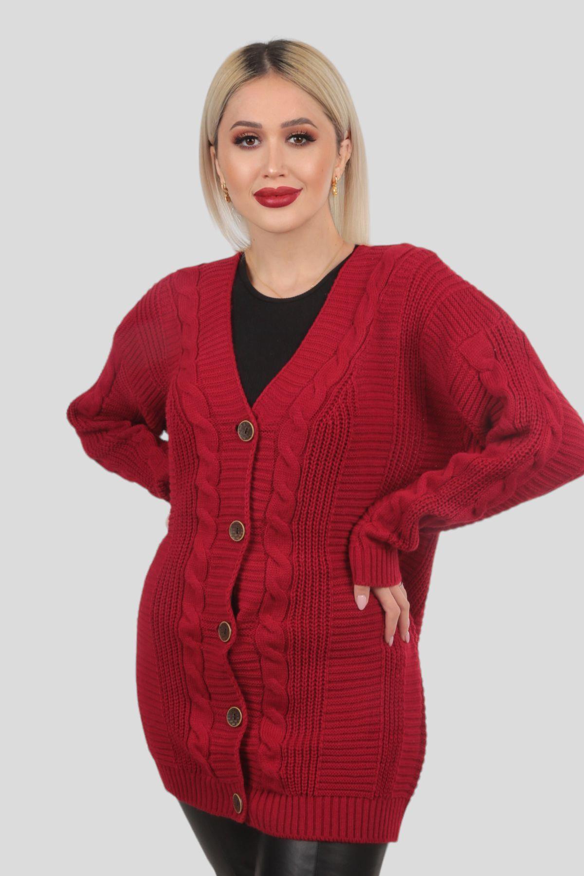 Kırmızı Düğme Detay Örgülü Hırka 350 - 4