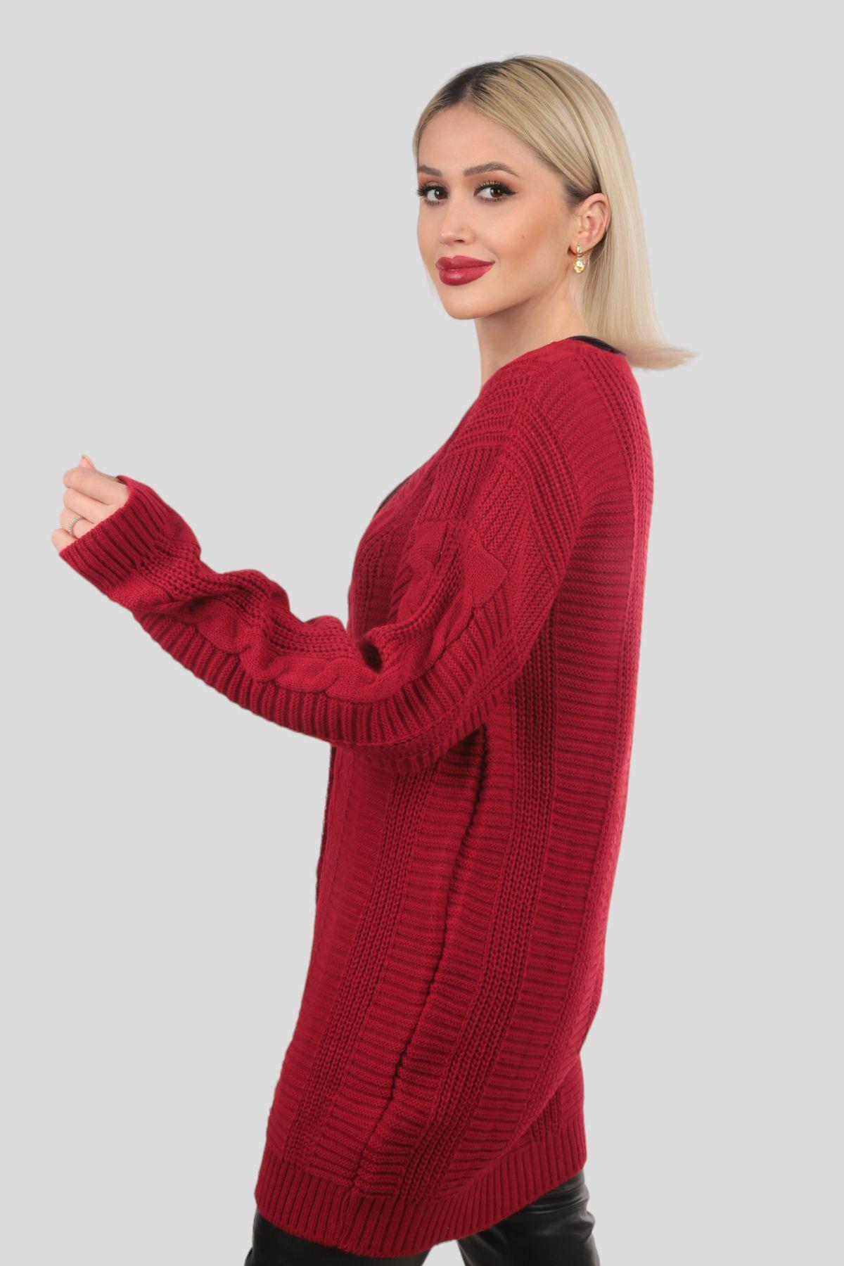 Kırmızı Düğme Detay Örgülü Hırka 350 - 5