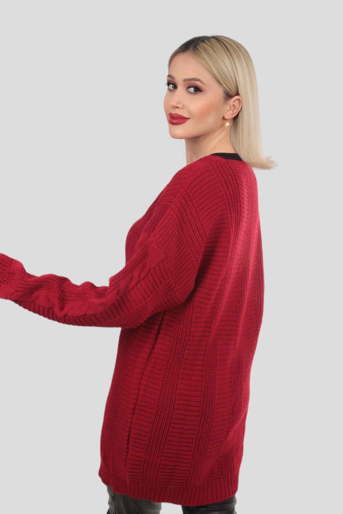 Kırmızı Düğme Detay Örgülü Hırka 350 - 6