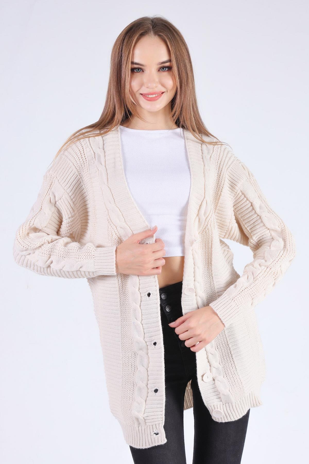 350 Düğme Detay Örgülü Hırka Krem 