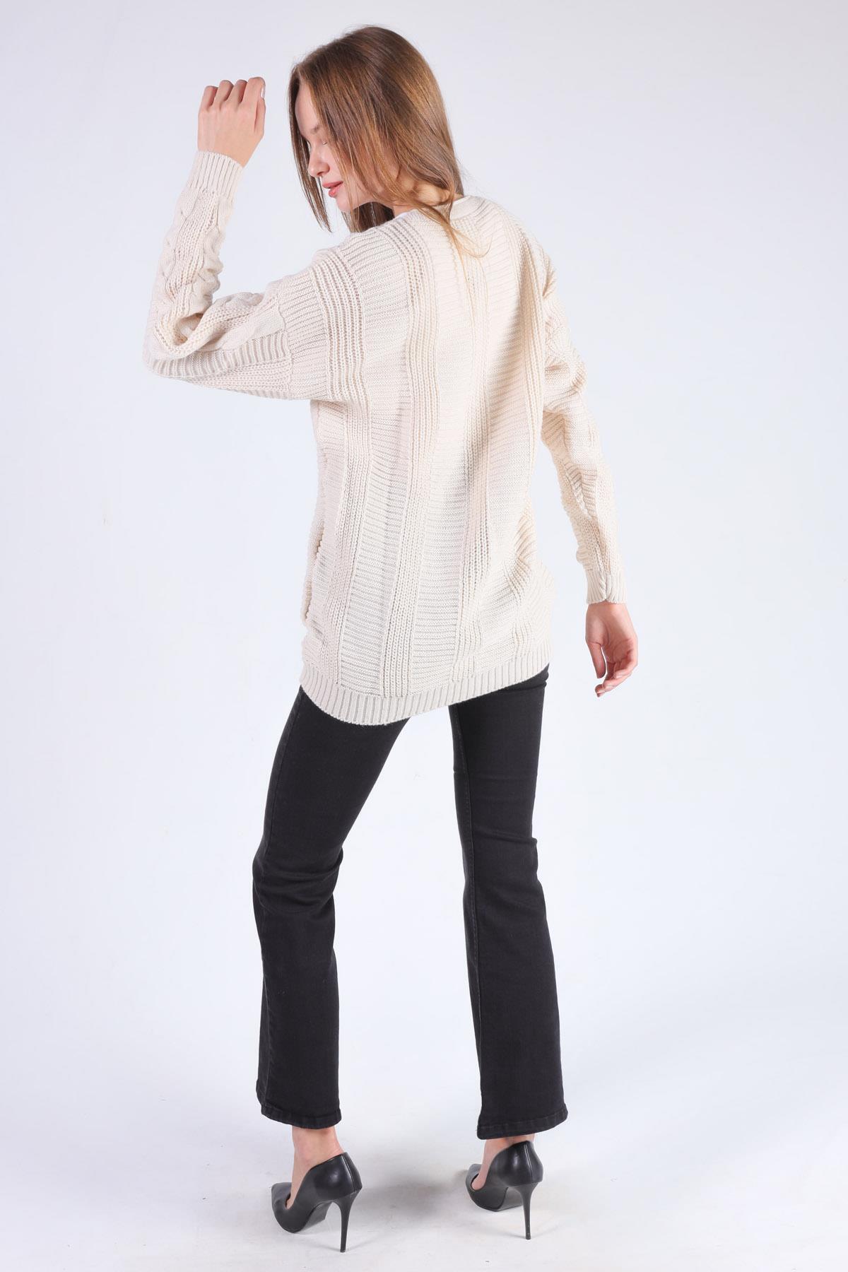 350 Düğme Detay Örgülü Hırka Krem - 2