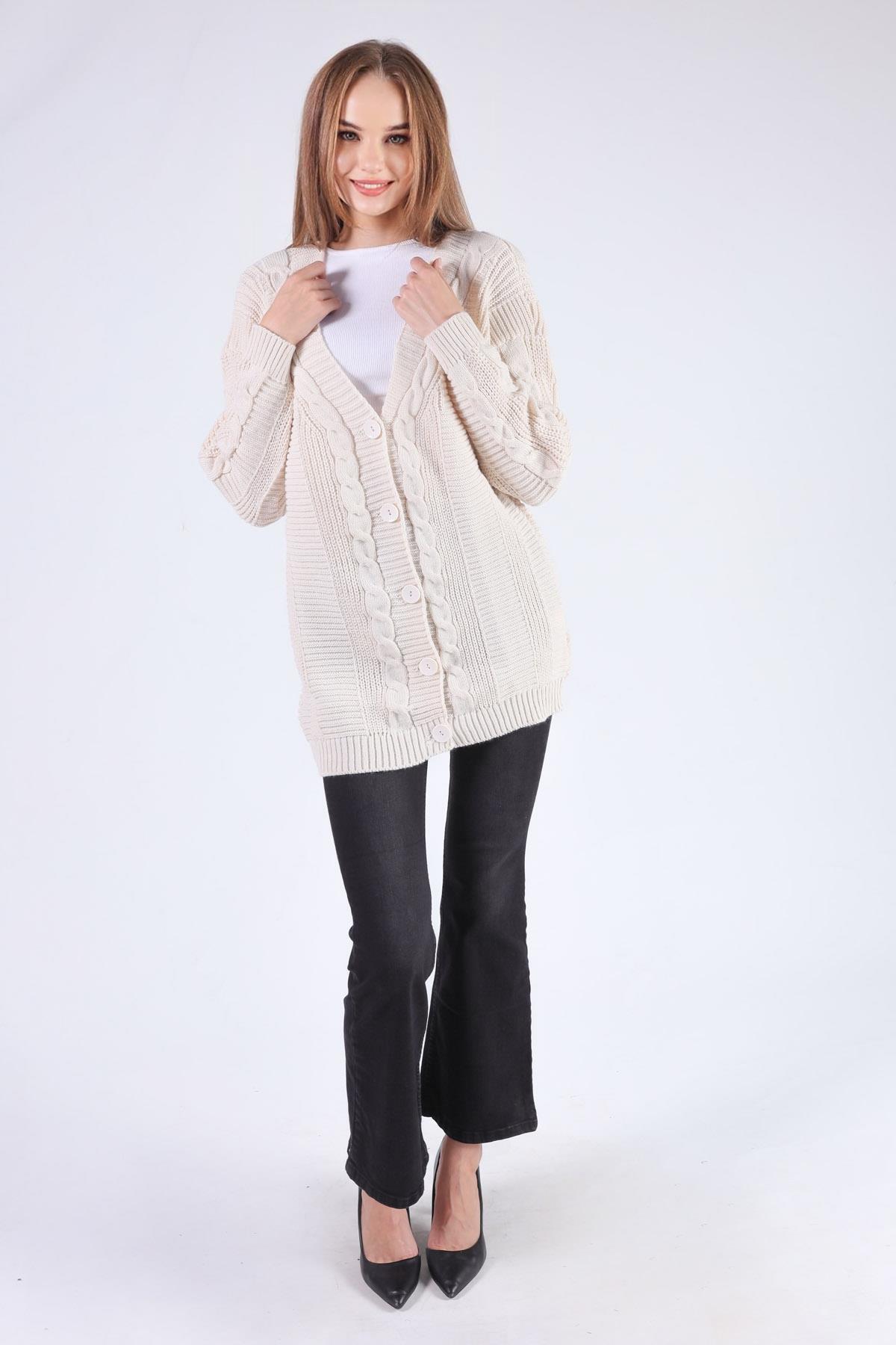 350 Düğme Detay Örgülü Hırka Krem - 6