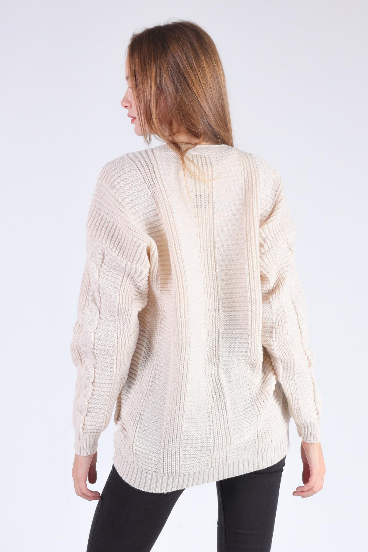 350 Düğme Detay Örgülü Hırka Krem - 3