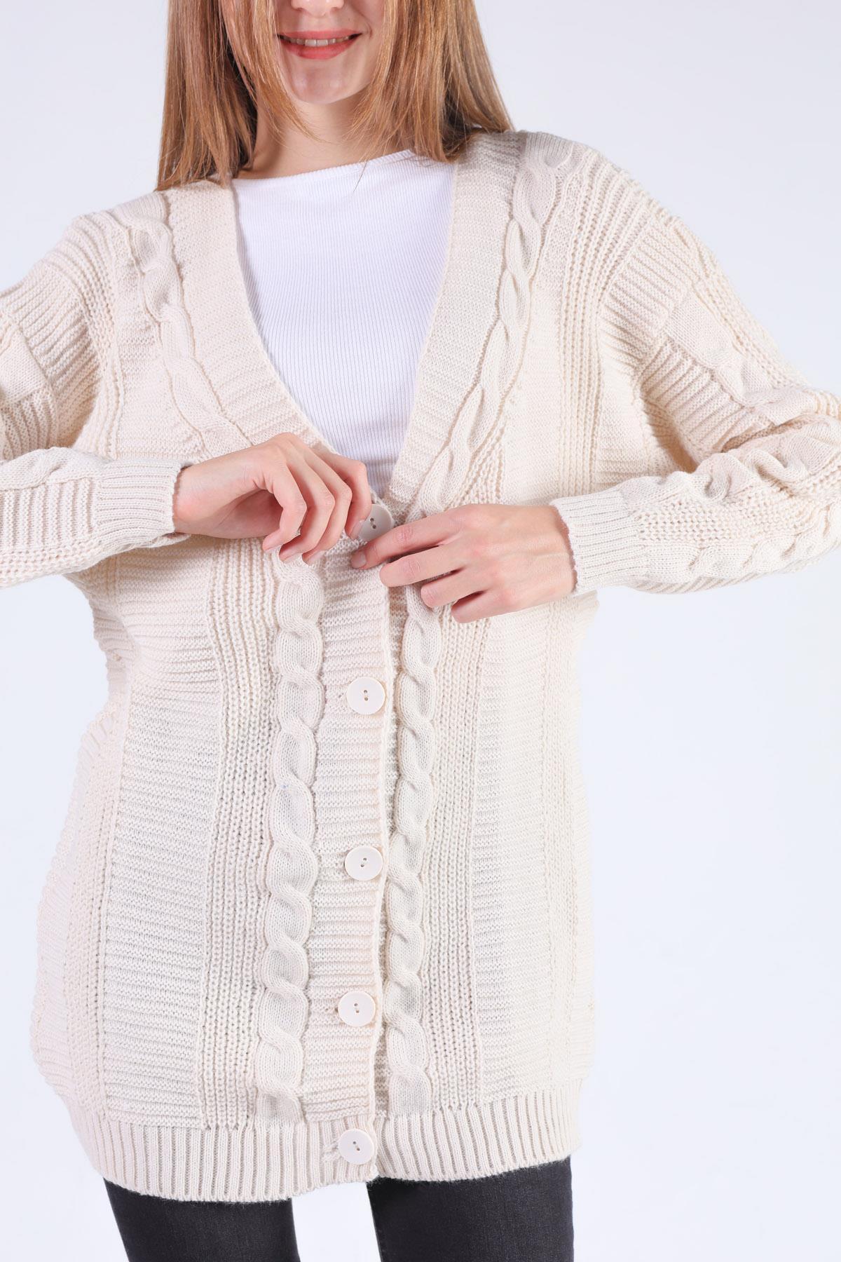 350 Düğme Detay Örgülü Hırka Krem - 4