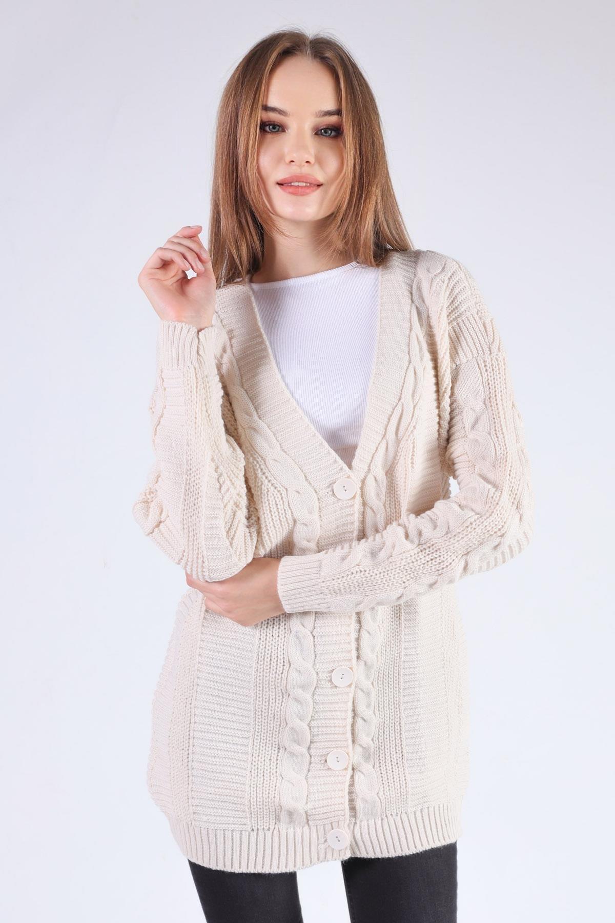 Krem Düğme Detay Örgülü Hırka 350 - 5