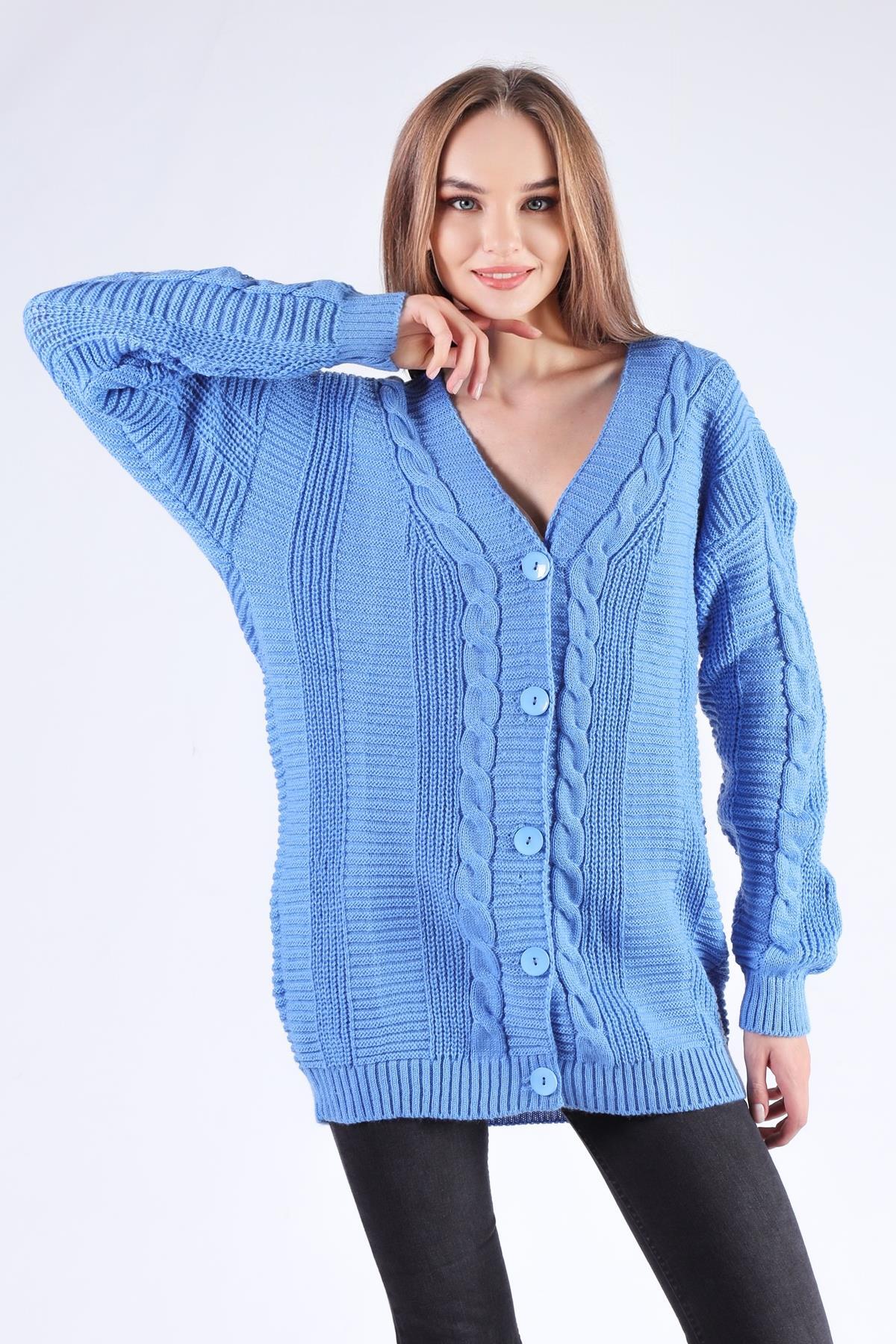 Mavi Düğme Detay Örgülü Hırka 350 - 2