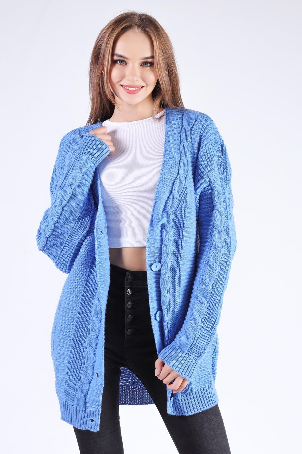 Mavi Düğme Detay Örgülü Hırka 350 - 3