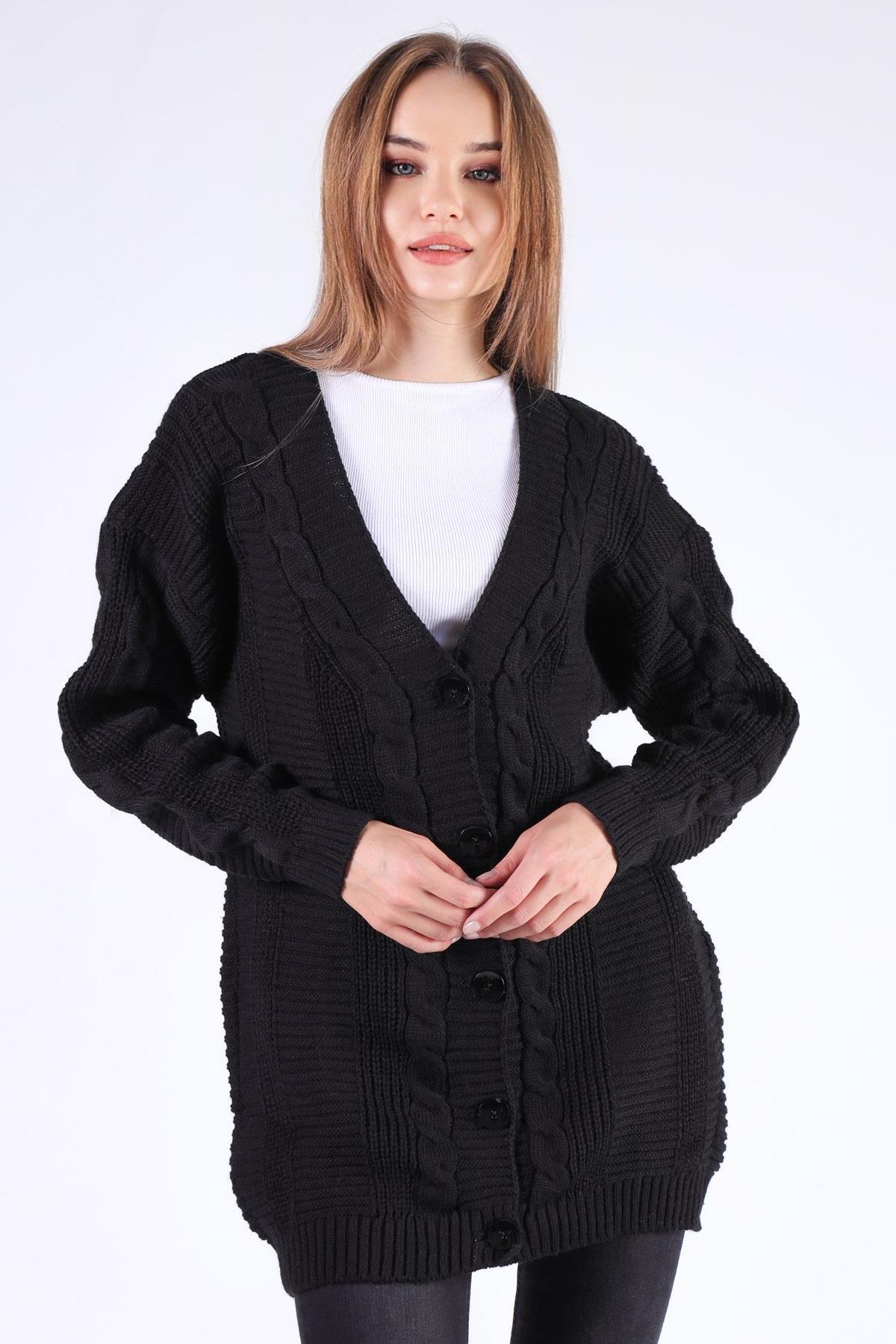 350 Düğme Detay Örgülü Hırka Siyah - 1