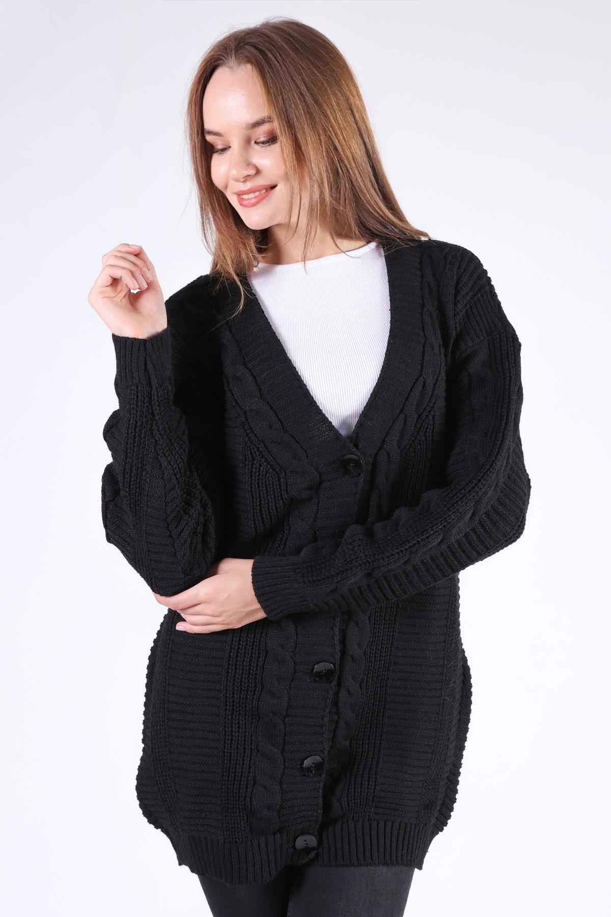 350 Düğme Detay Örgülü Hırka Siyah - 5