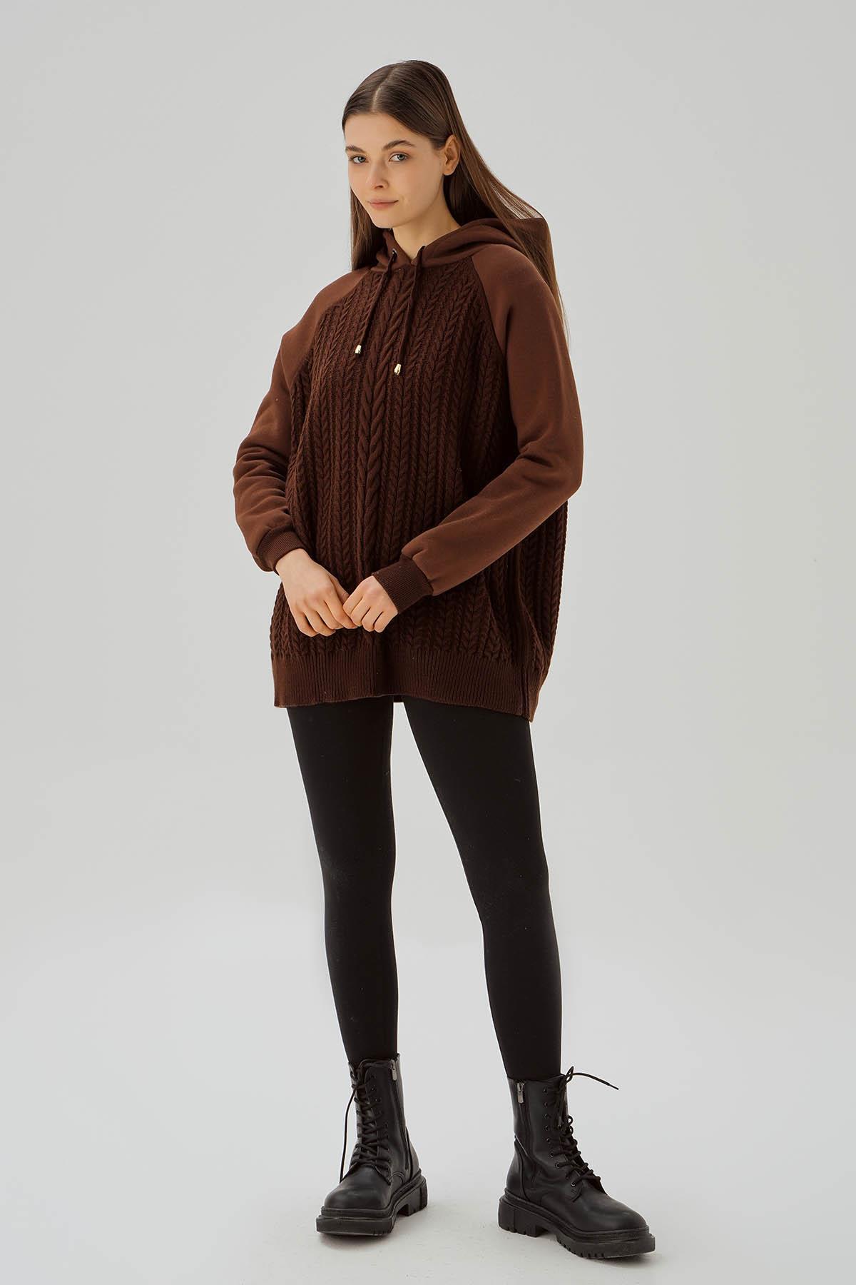Kahve Kapüşonlu Triko Detay Sweat 3500 - 1
