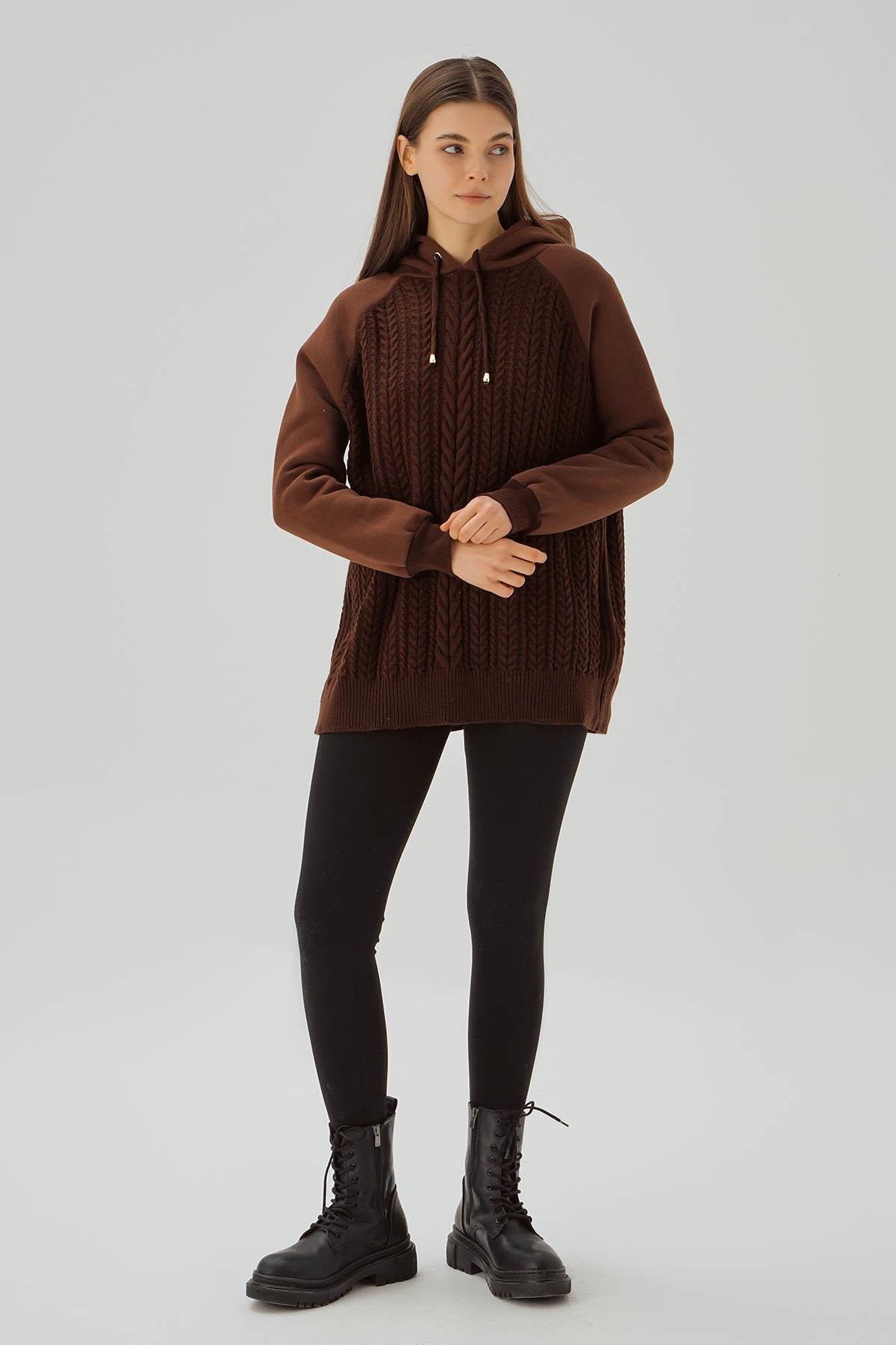 Kahve Kapüşonlu Triko Detay Sweat 3500 - 2