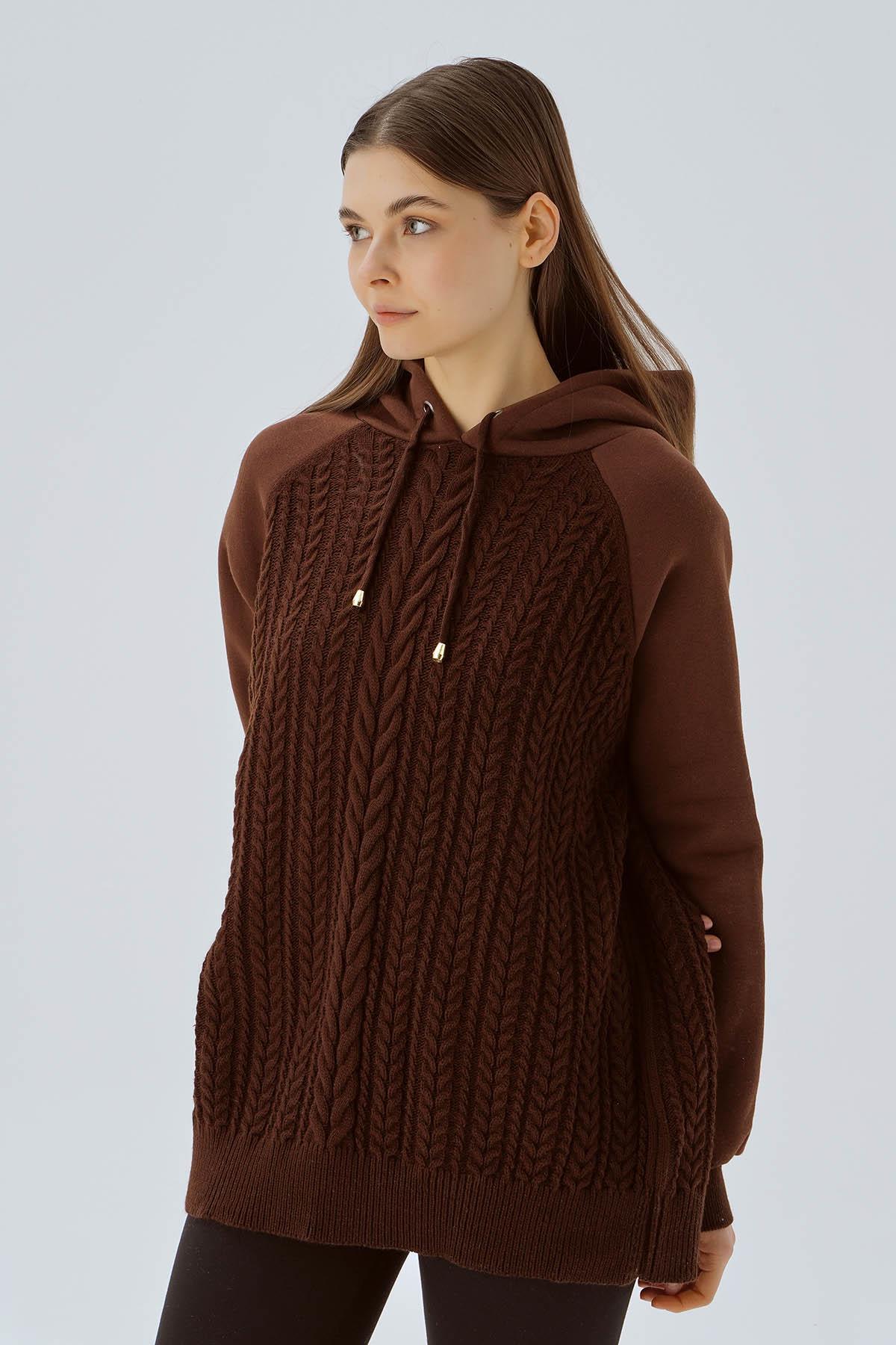 Kahve Kapüşonlu Triko Detay Sweat 3500 - 3